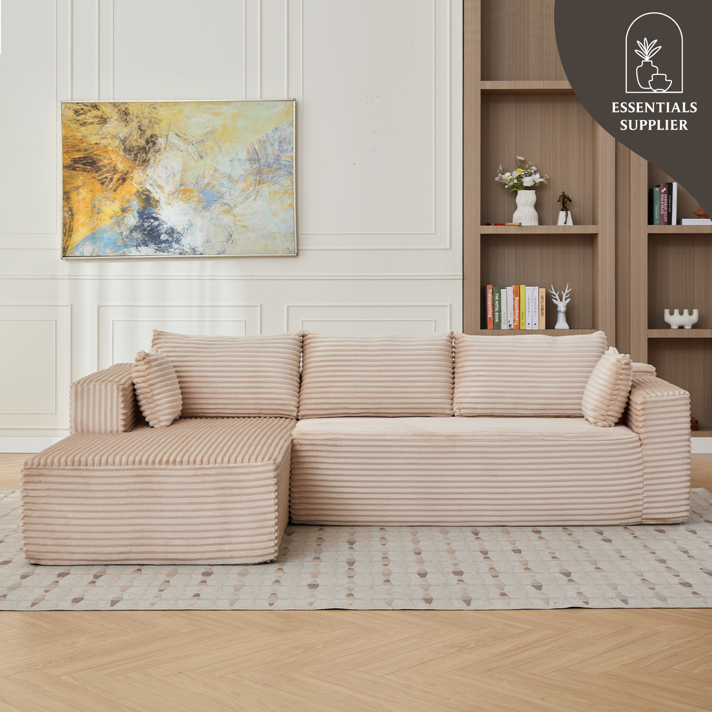 Modular L-Shaped Corduroy Sectional Sofa with Chaise – Beige
