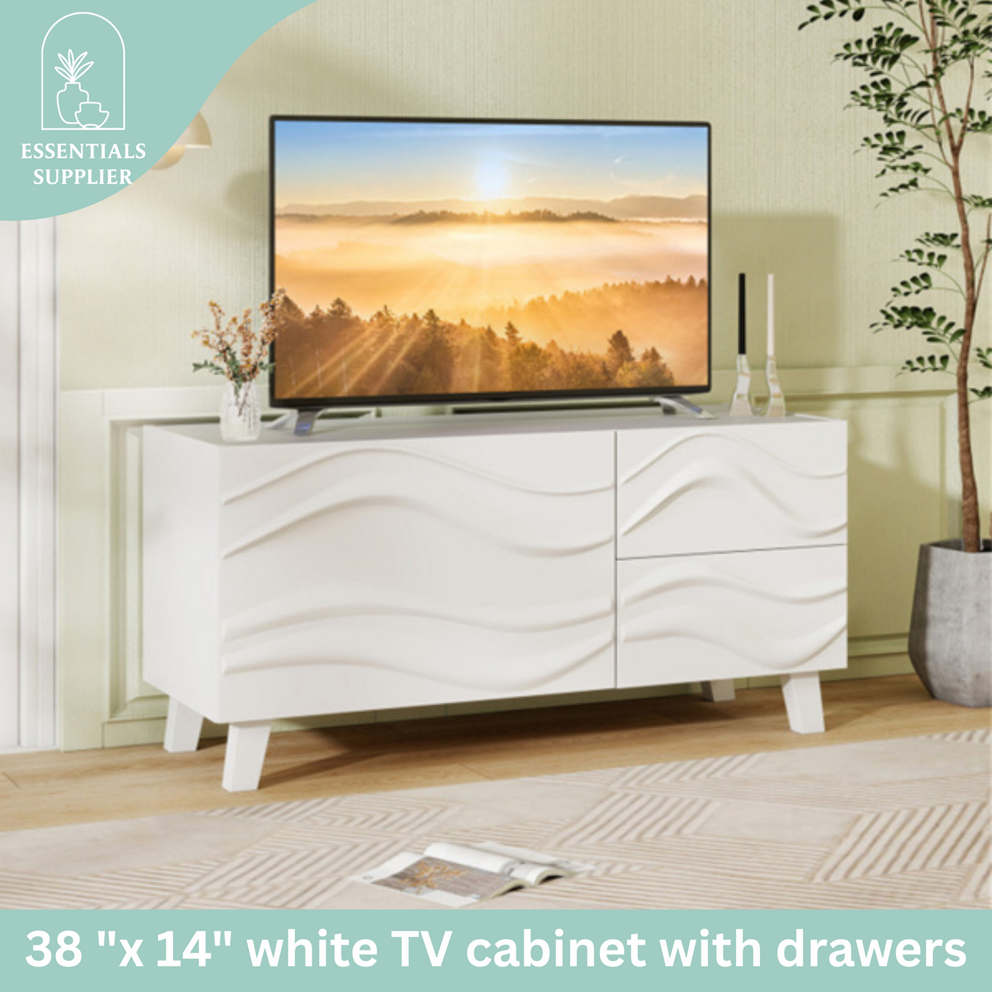 38" White TV Cabinet with Drawers – Stylish Media Console & Storage Stand