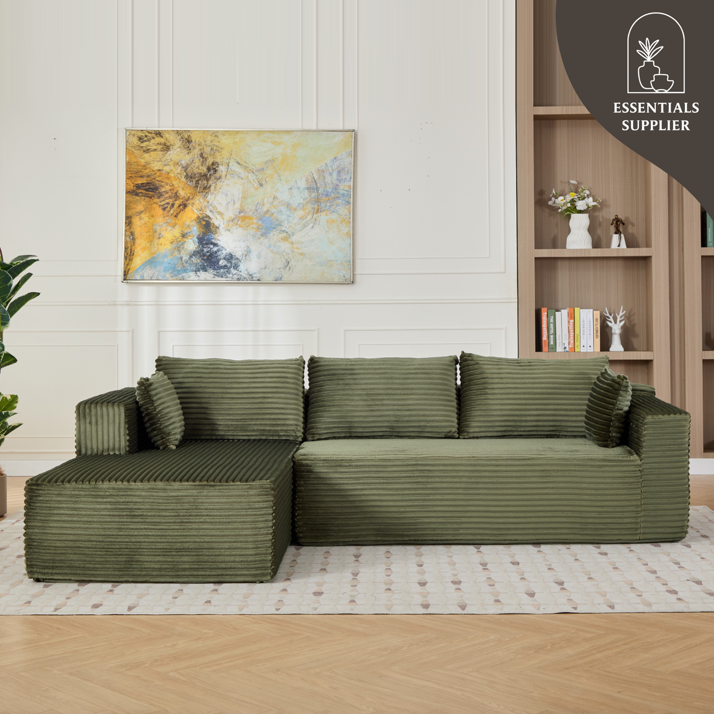 Modular L-Shaped Corduroy Sectional Sofa with Chaise – Green