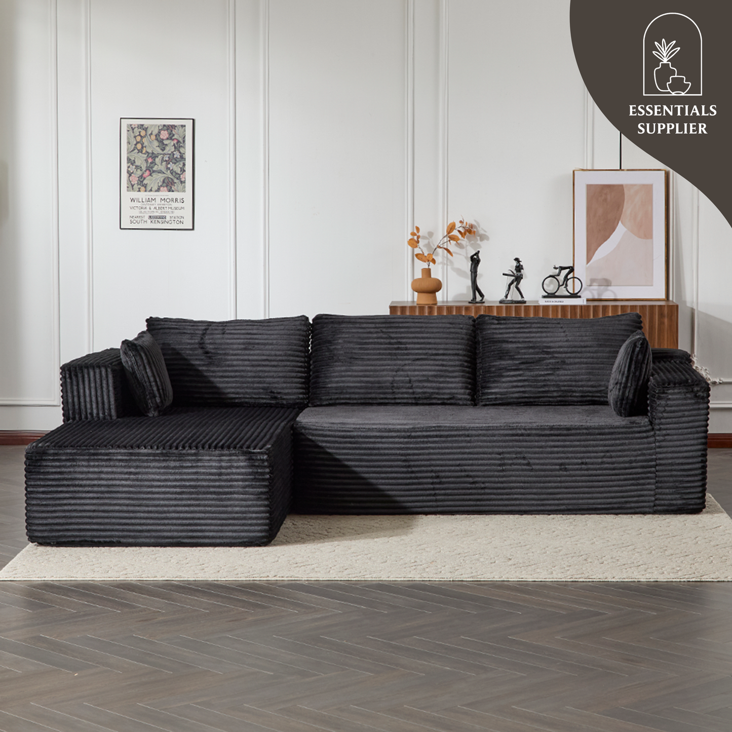 Modular L-Shaped Corduroy Sectional Sofa with Chaise – Black