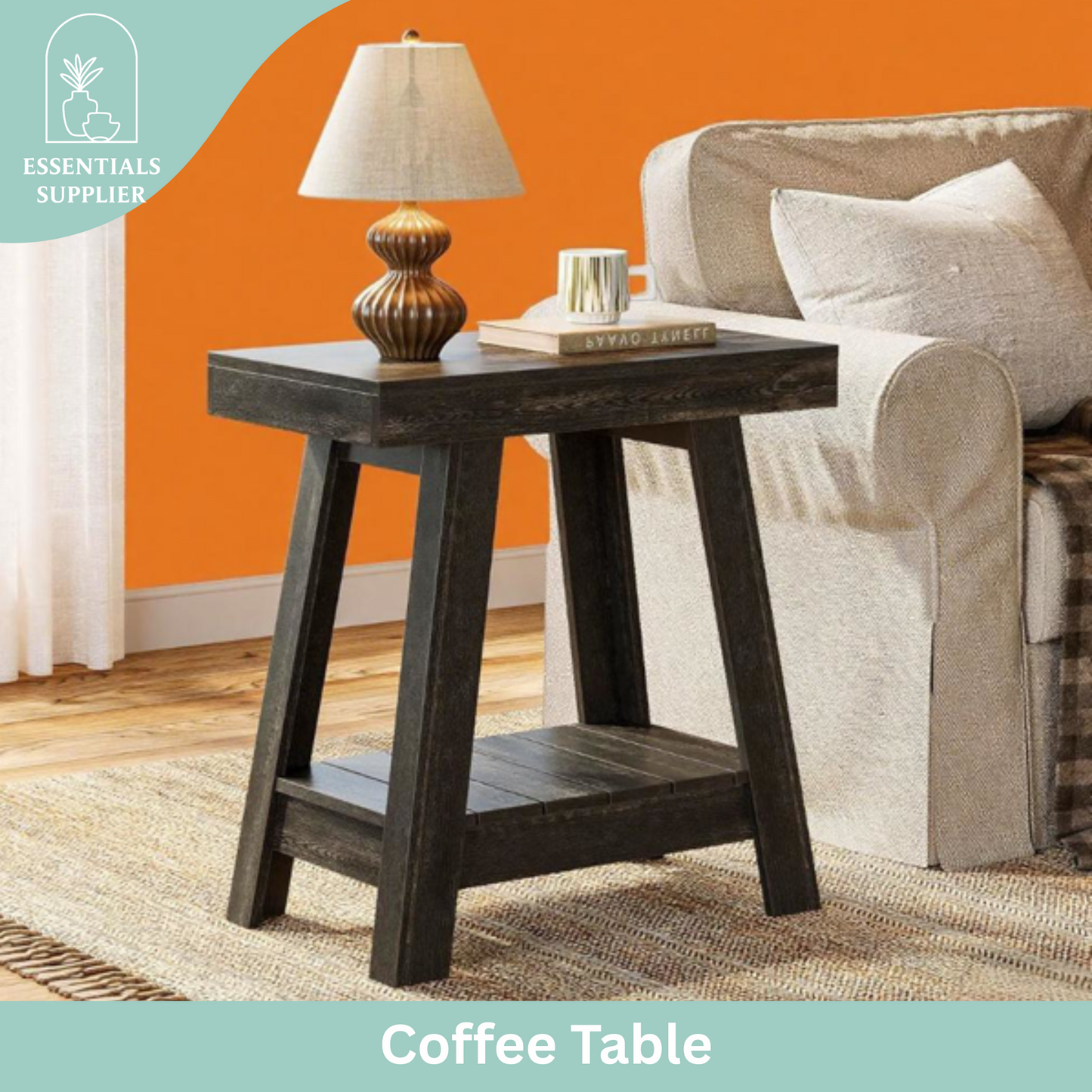 Rustic Grey Farmhouse End Table with 2 Open Shelves – Compact Side Storage