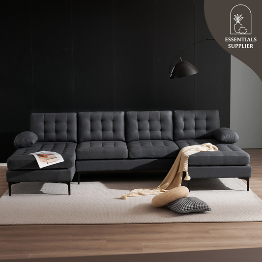 U-Shaped Sectional Sofa – Dark Gray Upholstery, Wooden & Iron Frame with Black L