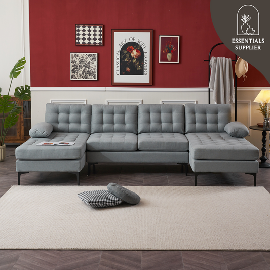 U-Shaped Sectional Sofa – Soft Armrest & Backrest, Wooden & Iron Frame with Gold Legs, Beige Upholstery