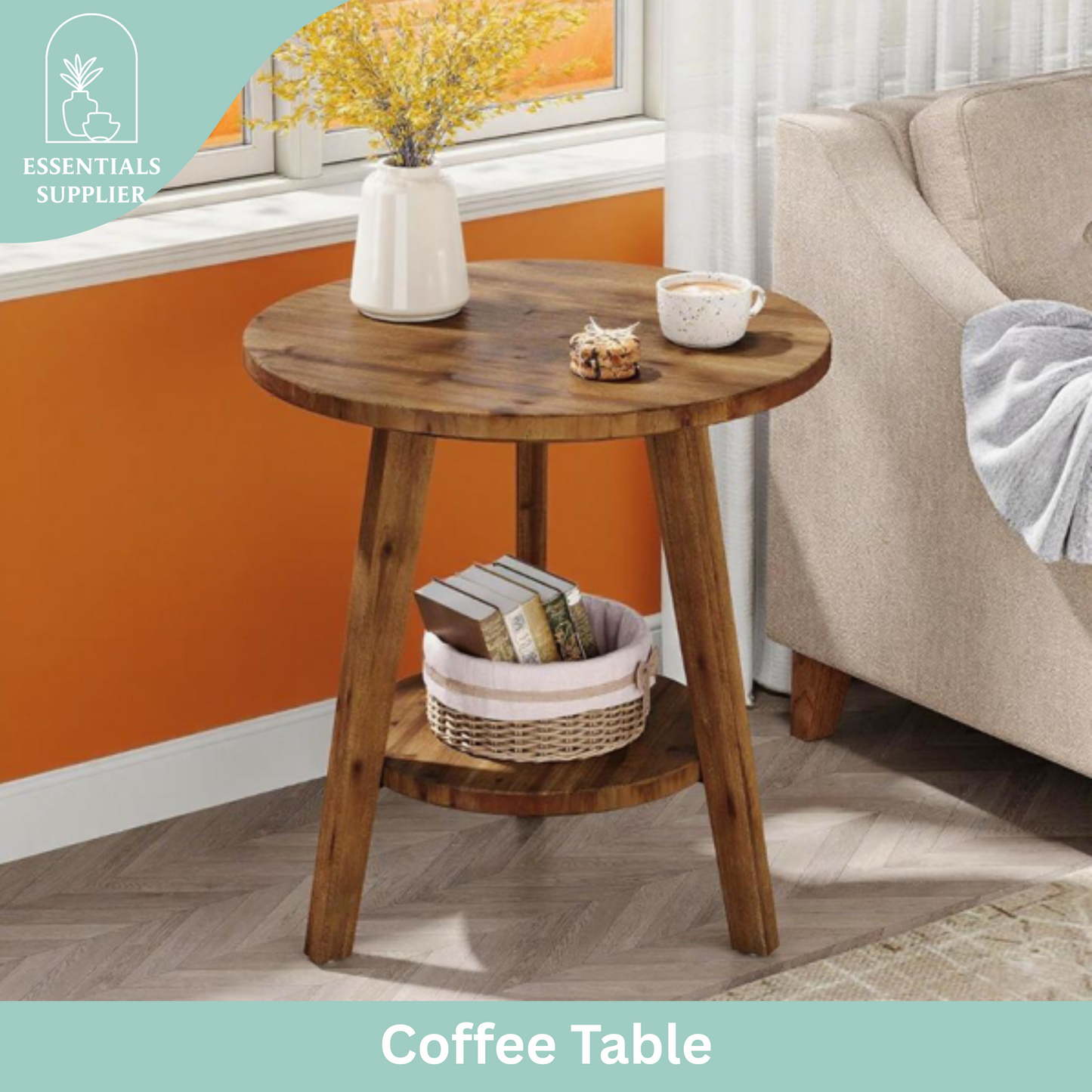 Rustic Solid Wood Round Side Table with Shelf – Natural Fir Coffee End Table