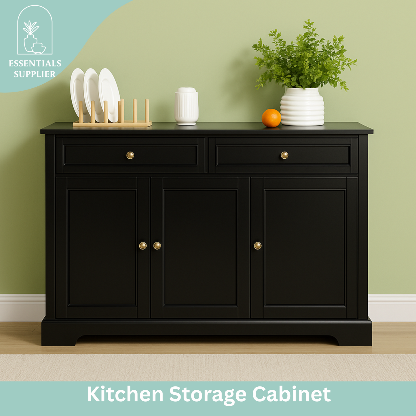 Black Kitchen Storage Cabinet – 3-Door Sideboard with Drawers & Shelves