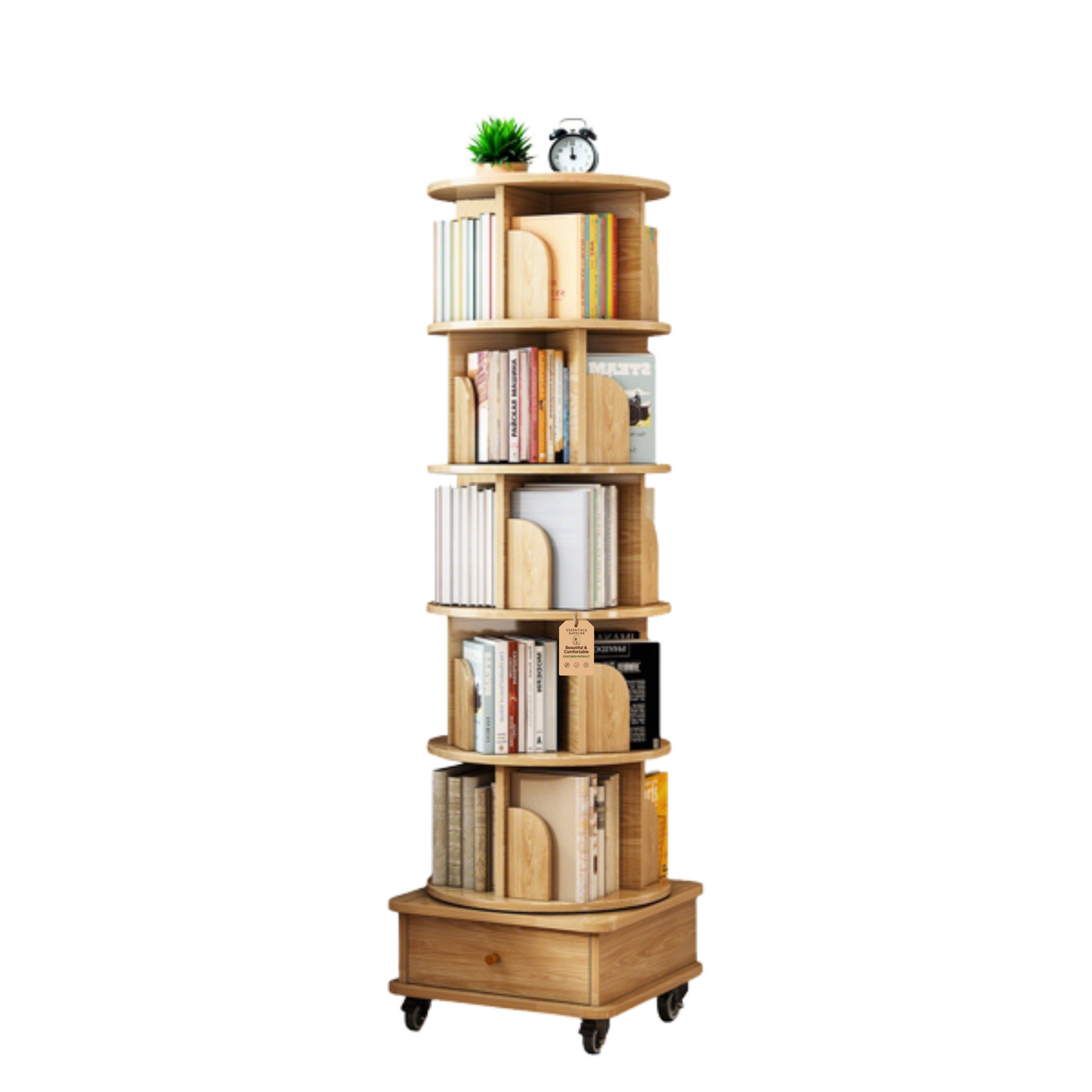 6-Tier 360° Rotating Bookshelf with Wheels & Drawer, Space-Saving Wood Color