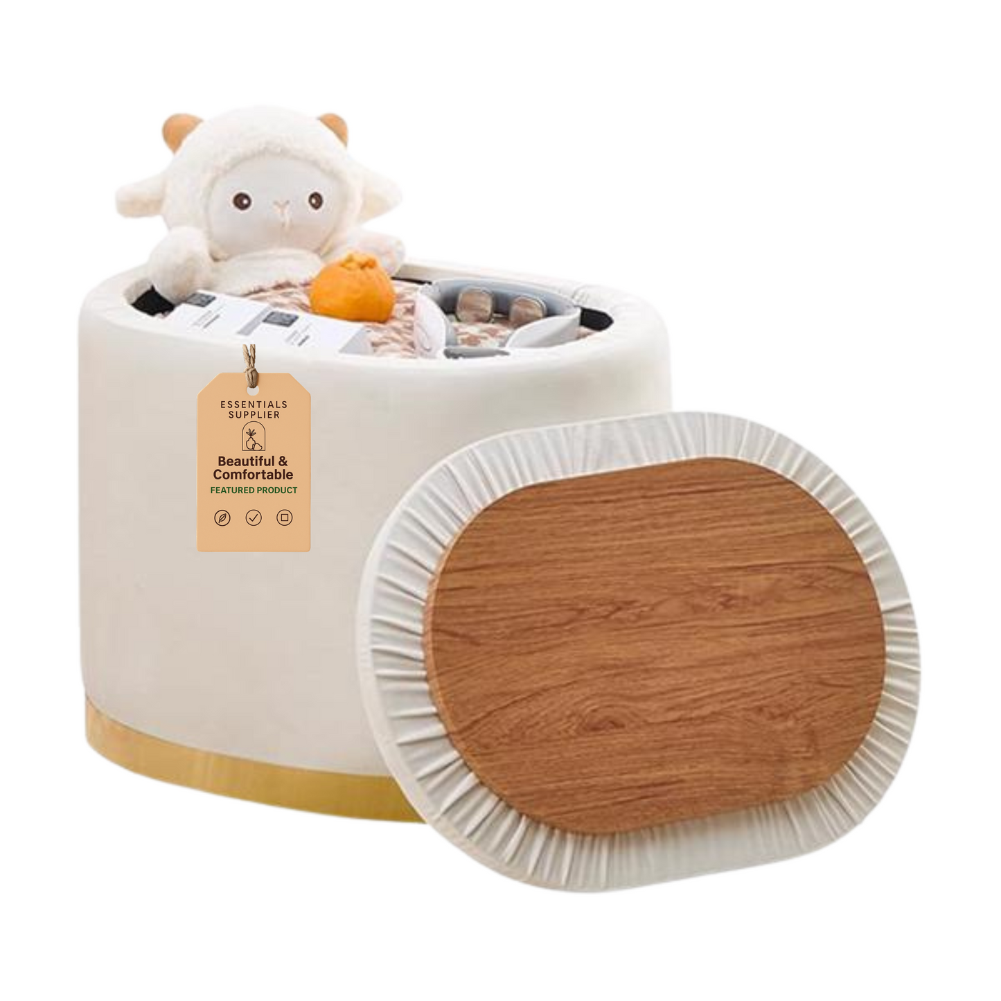 Round Storage Ottoman with Flip-Top Lid – Cream Upholstered Stool