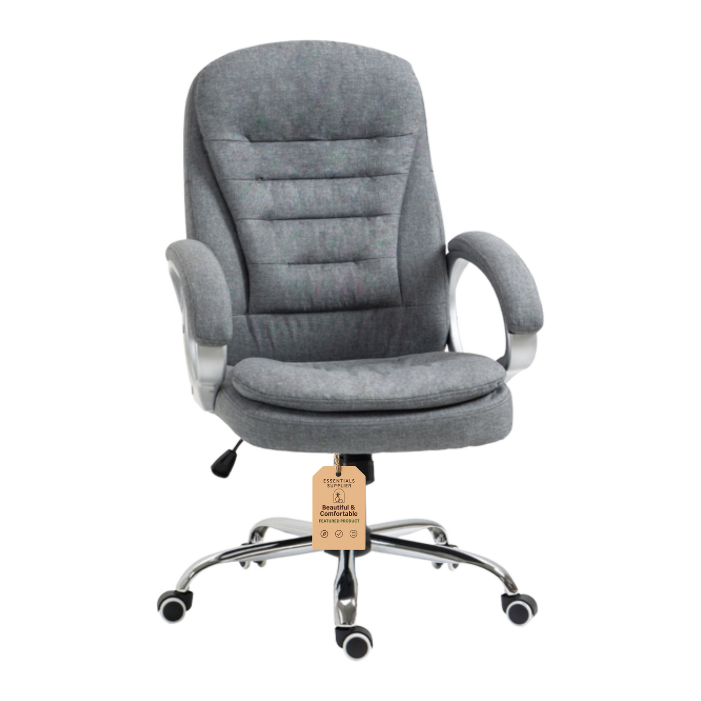 Grey High-Back Linen Office Chair with Lumbar Support & Adjustable Height