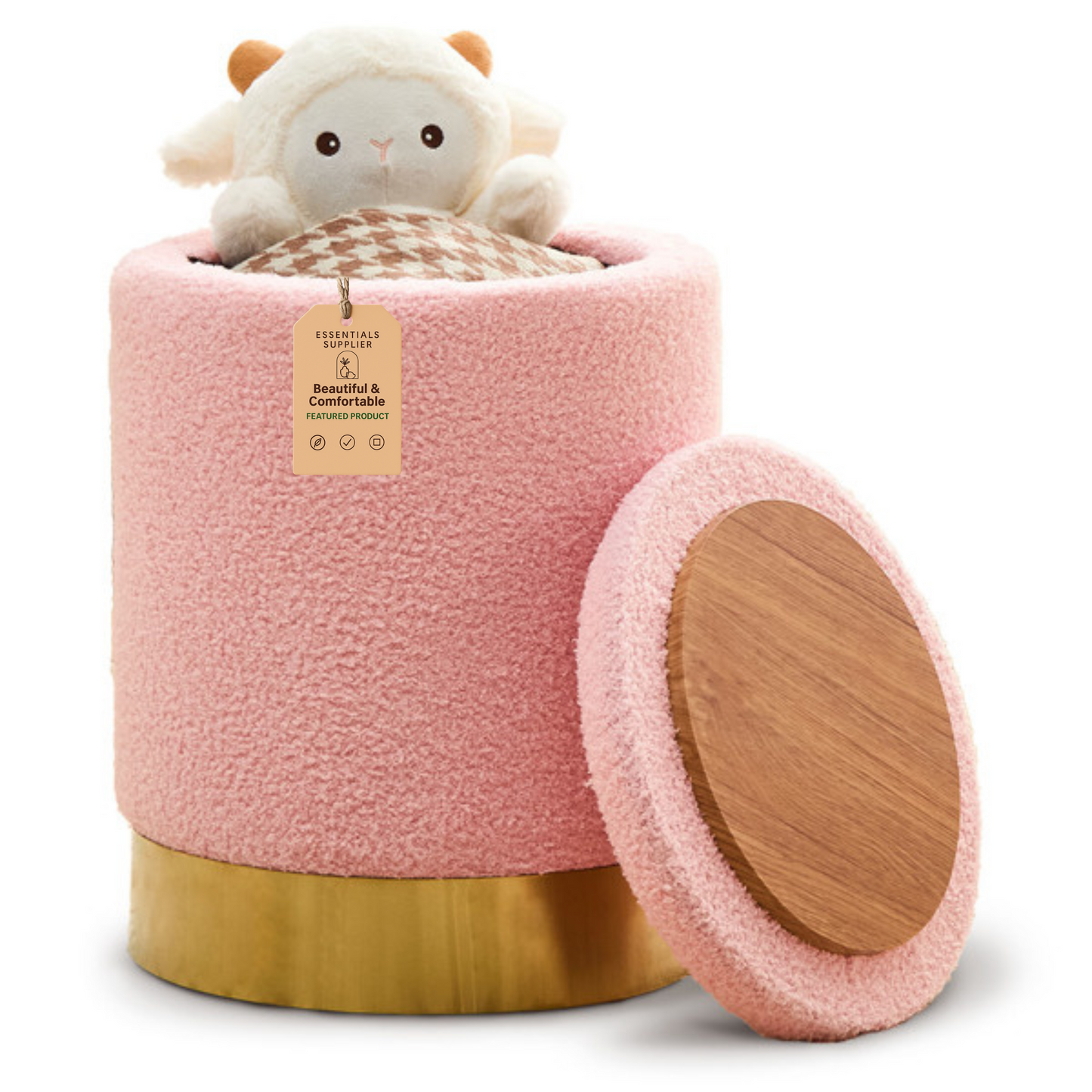 Teddy Velvet Round Ottoman Stool with Storage, Padded Seat, Metal Base, Pink