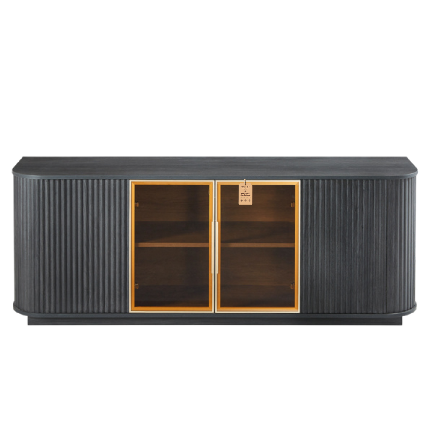 64" Wavy Black TV Cabinet with LED, Glass Doors & Storage for Living Room