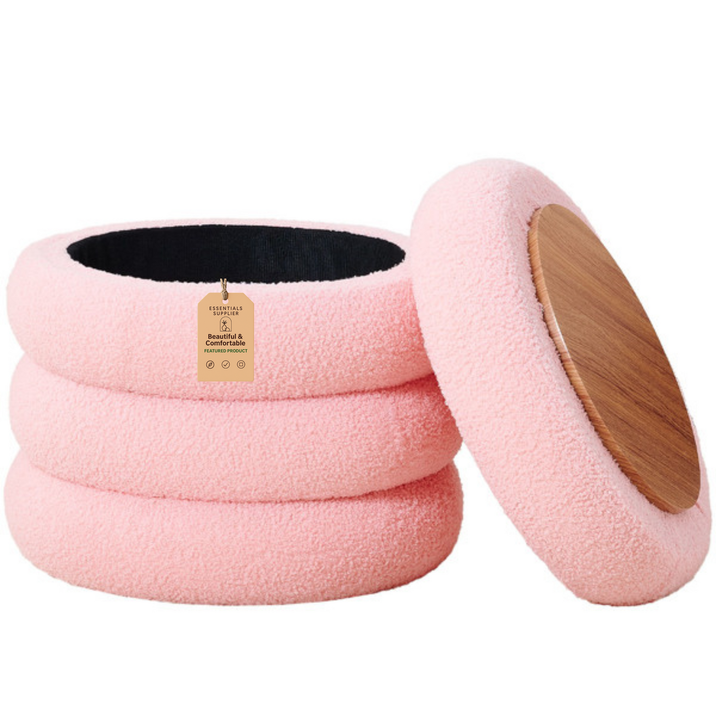 Round Shape Storage Ottoman Stool with Flip Tray, Vanity & Footrest Chair, Pink