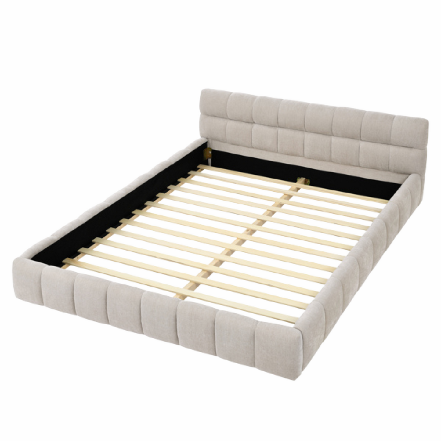 Queen Upholstered Platform Bed Frame with Headboard, Chenille Fabric, Beige