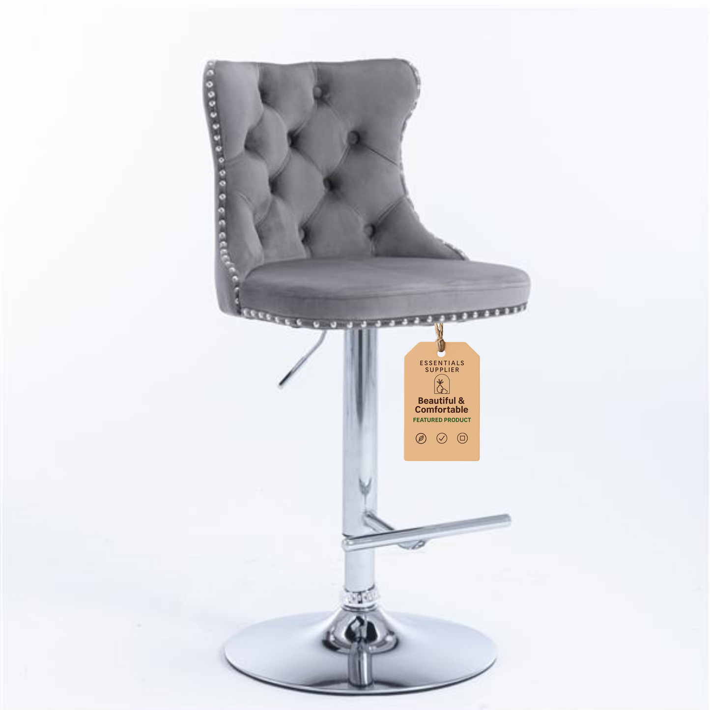 Set of 2 Gray Velvet Swivel Barstools, Adjustable Height 25–33", with Backs
