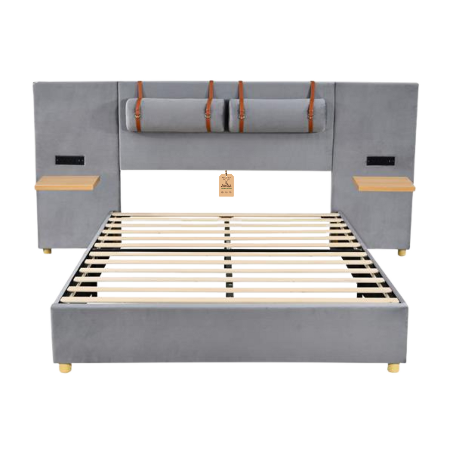 Queen Upholstered Platform Bed with USB Ports, Pillows & Storage Shelves – Gray