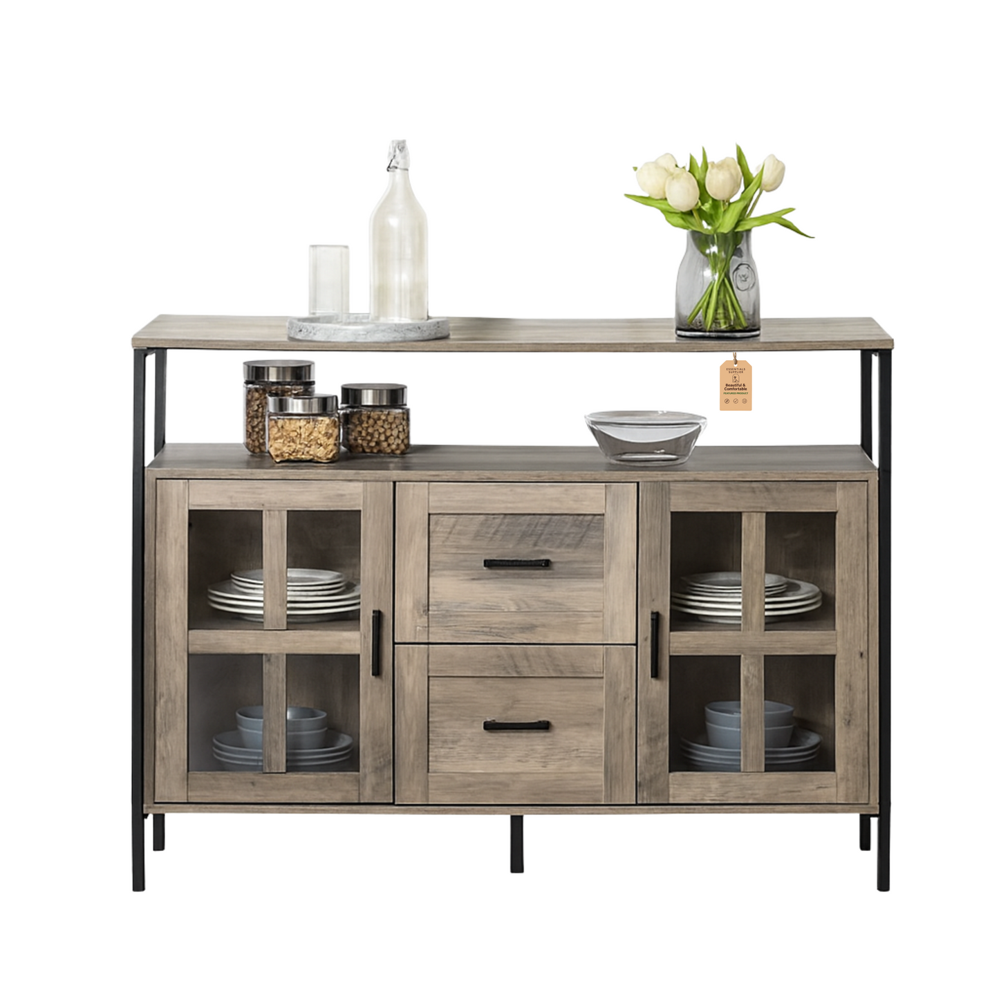 47" Industrial Gray Sideboard with Cabinets, Drawers & Open Shelf Storage