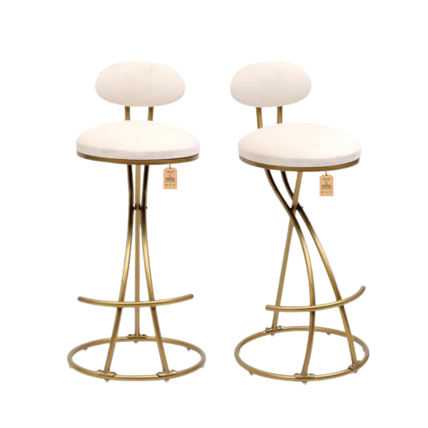Set of 2 Velvet Round Bar Stools with Back – Gold & Cream Upholstered Counter Chairs