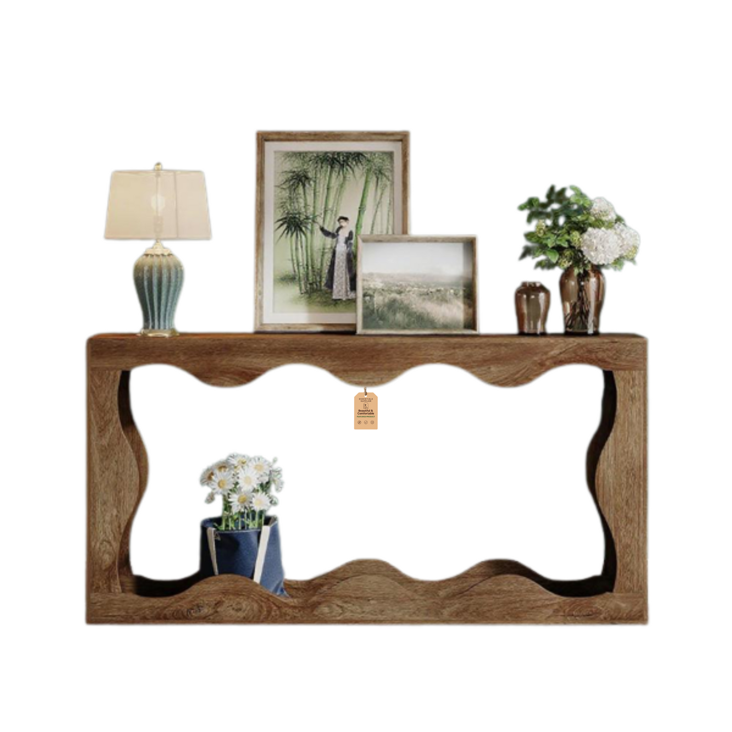 63" Light Brown Farmhouse Wavy Console Table – 2-Tier Entryway & Sofa Table