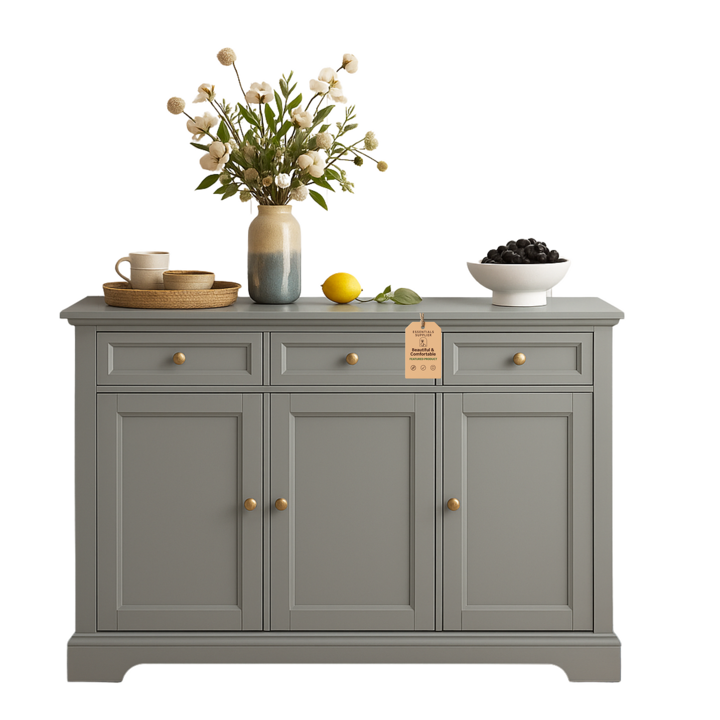 Gray Kitchen Storage Cabinet – 3 Doors, 2 Drawers, Adjustable Shelves