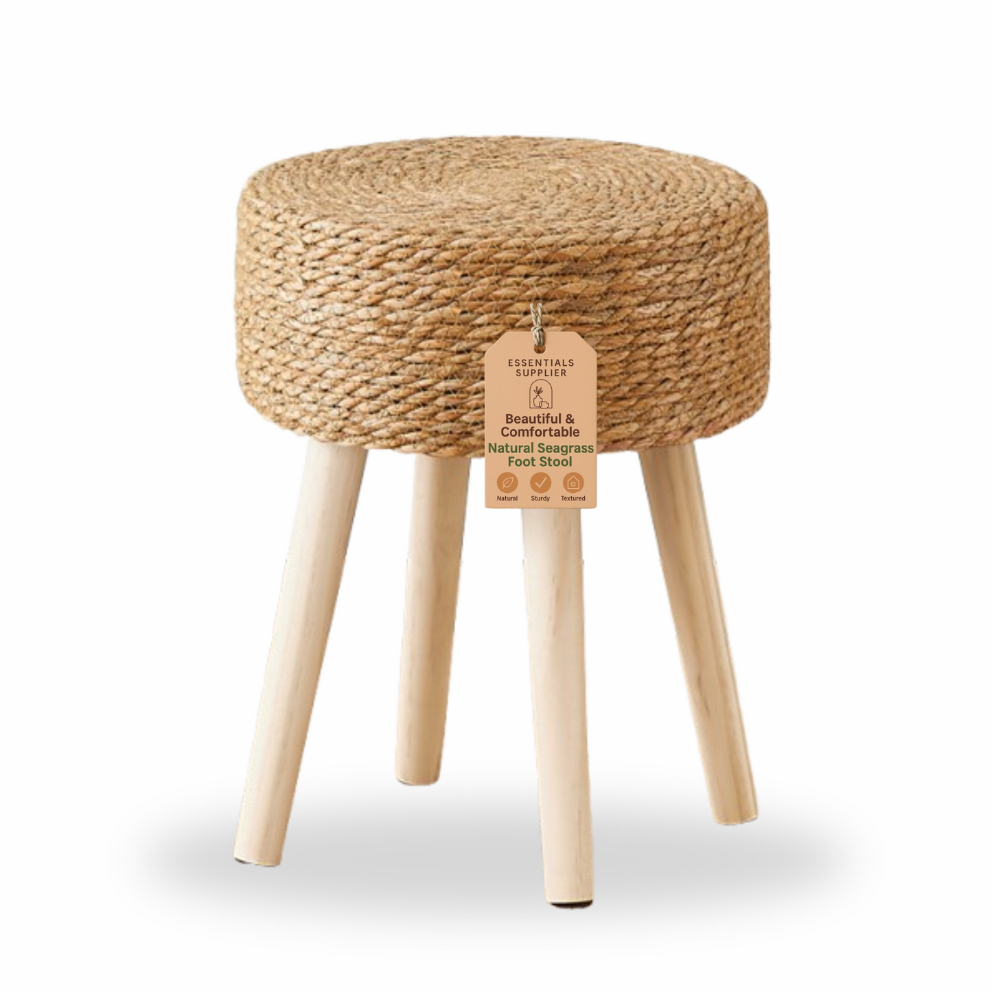Essentials Supplier Seagrass Ottoman Footstool – Solid Wood Legs, Handwoven
