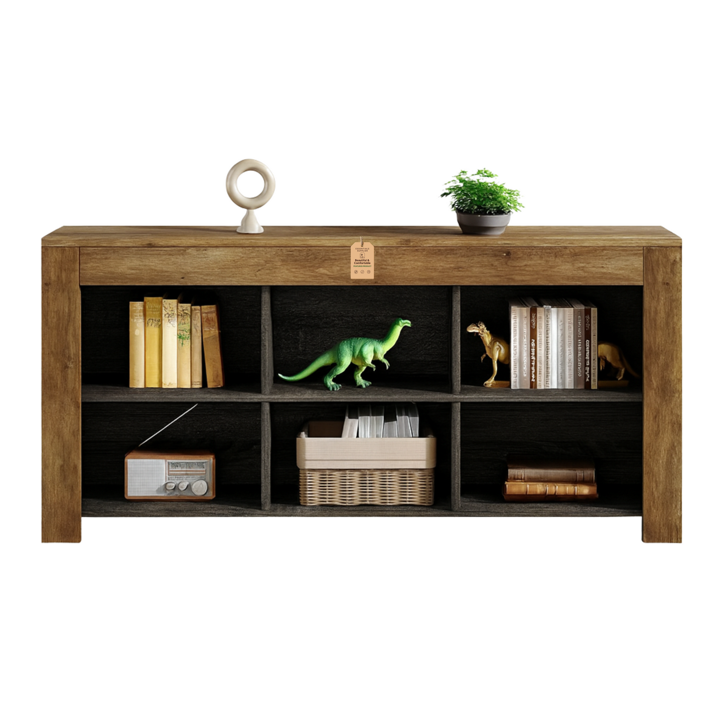 Rustic Brown 6-Cube Long Console Table – Industrial Low Bookshelf & TV Stand
