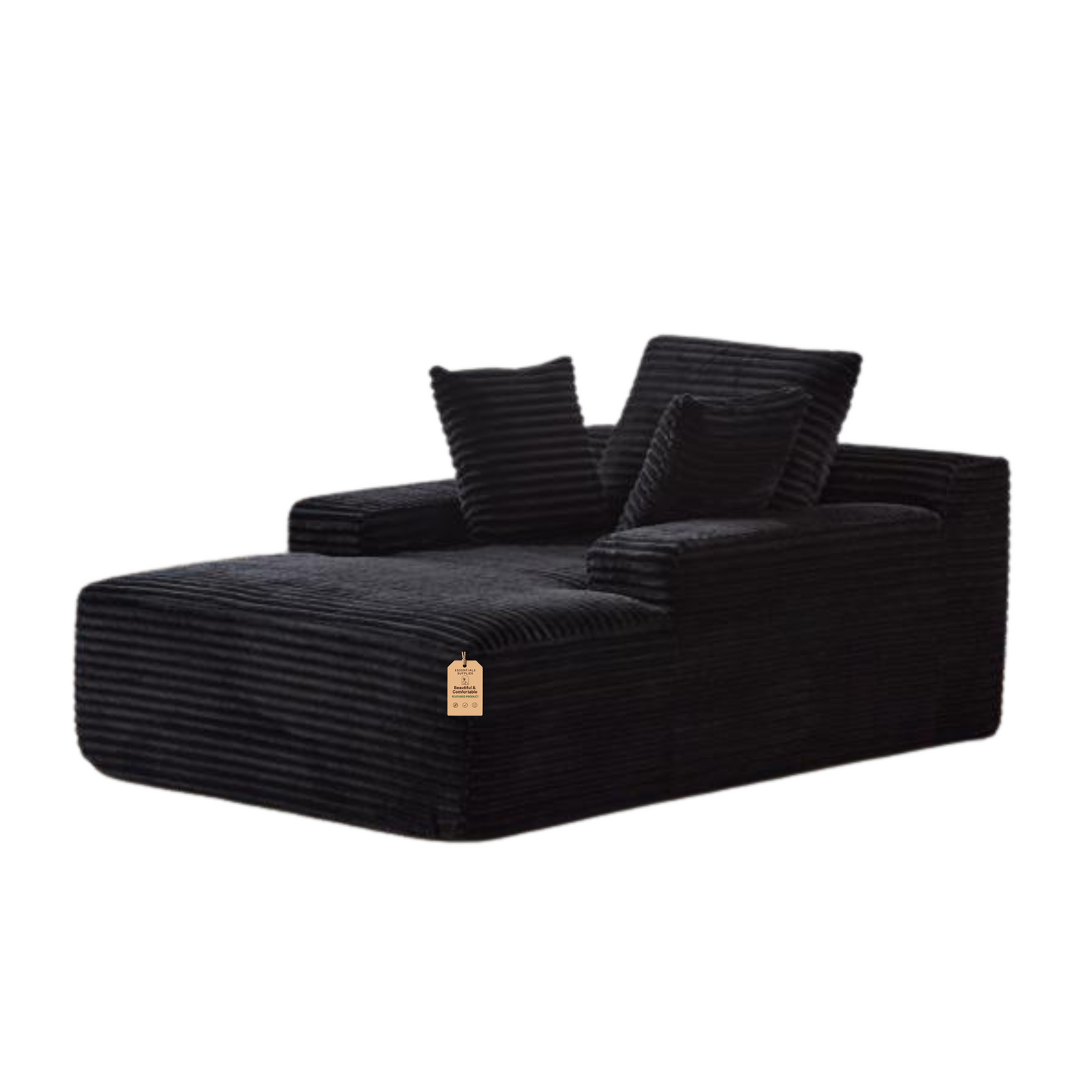 Oversized Chaise Lounge Chair – Plush Corduroy Cloud Couch with 3 Pillows, Black