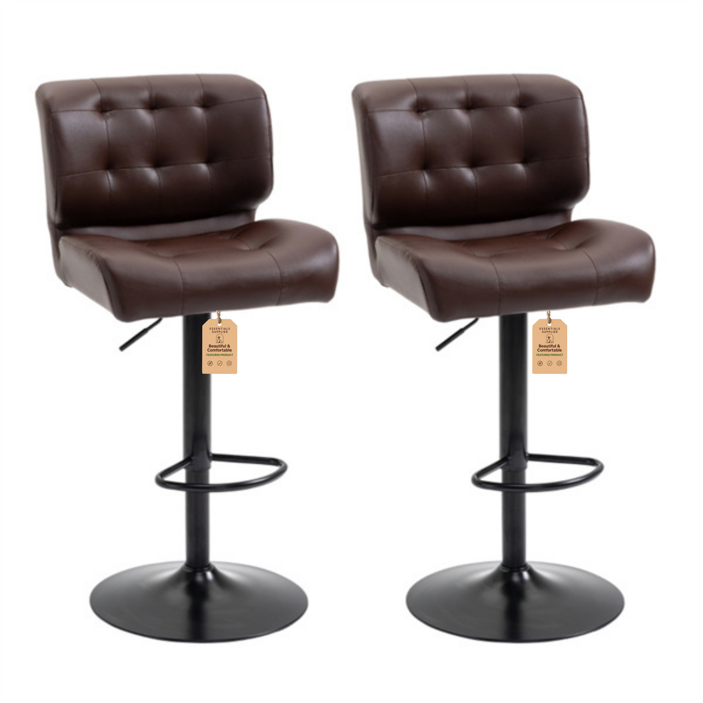 Set of 2 Adjustable Brown Bar Stools with Swivel Seats & Tufted Backrest