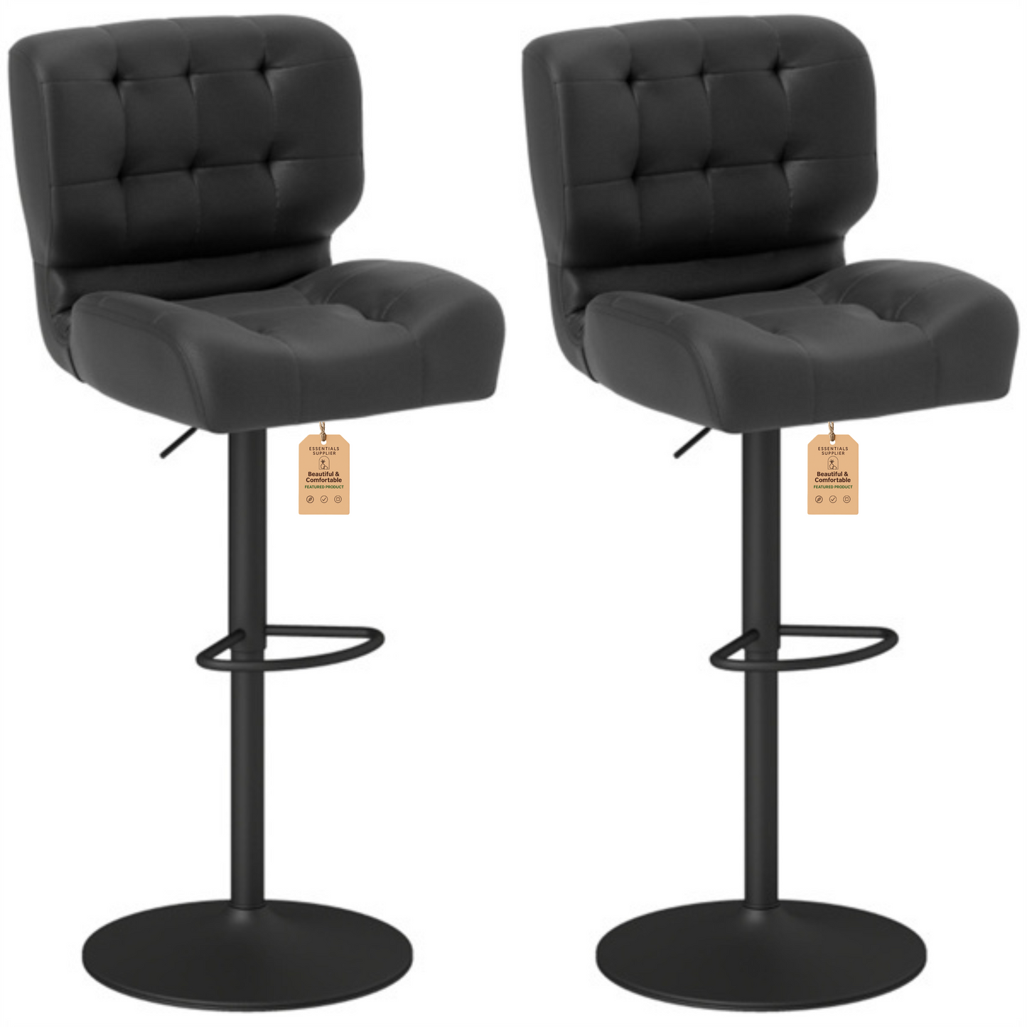 Set of 2 Adjustable Black Bar Stools with Swivel Seats & Tufted Backrest