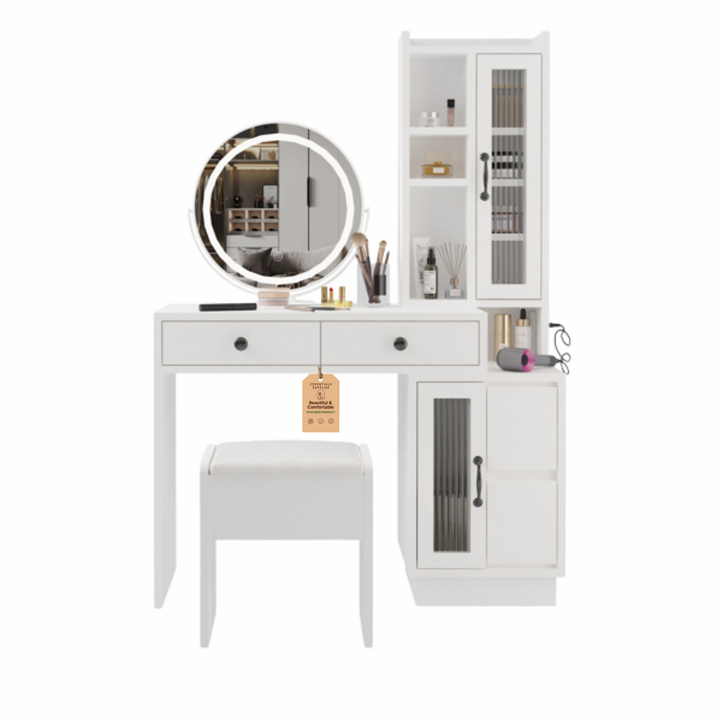 Modern Vanity Table Set w/ LED Mirror, Side Cabinet & Outlets, 3 Lights