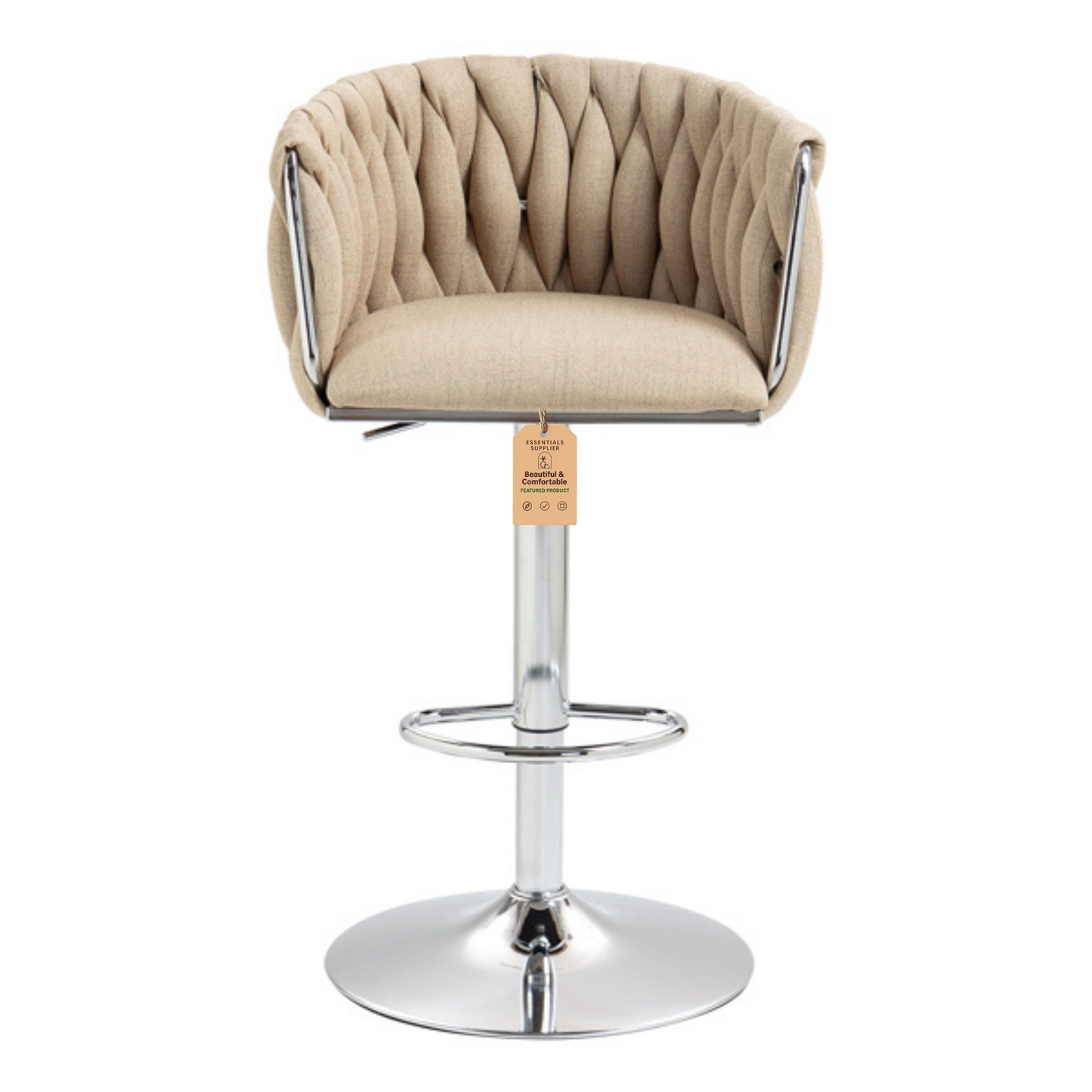 Set of 2 360° Swivel Fabric Bar Stools with Woven Back, Adjustable Height, Beige