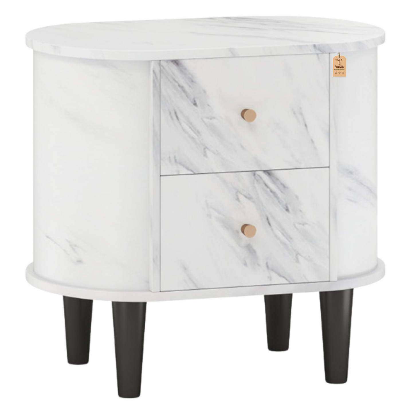 White Nightstand with Faux Marble Top & 2 Drawers – Modern Bedroom Side Table