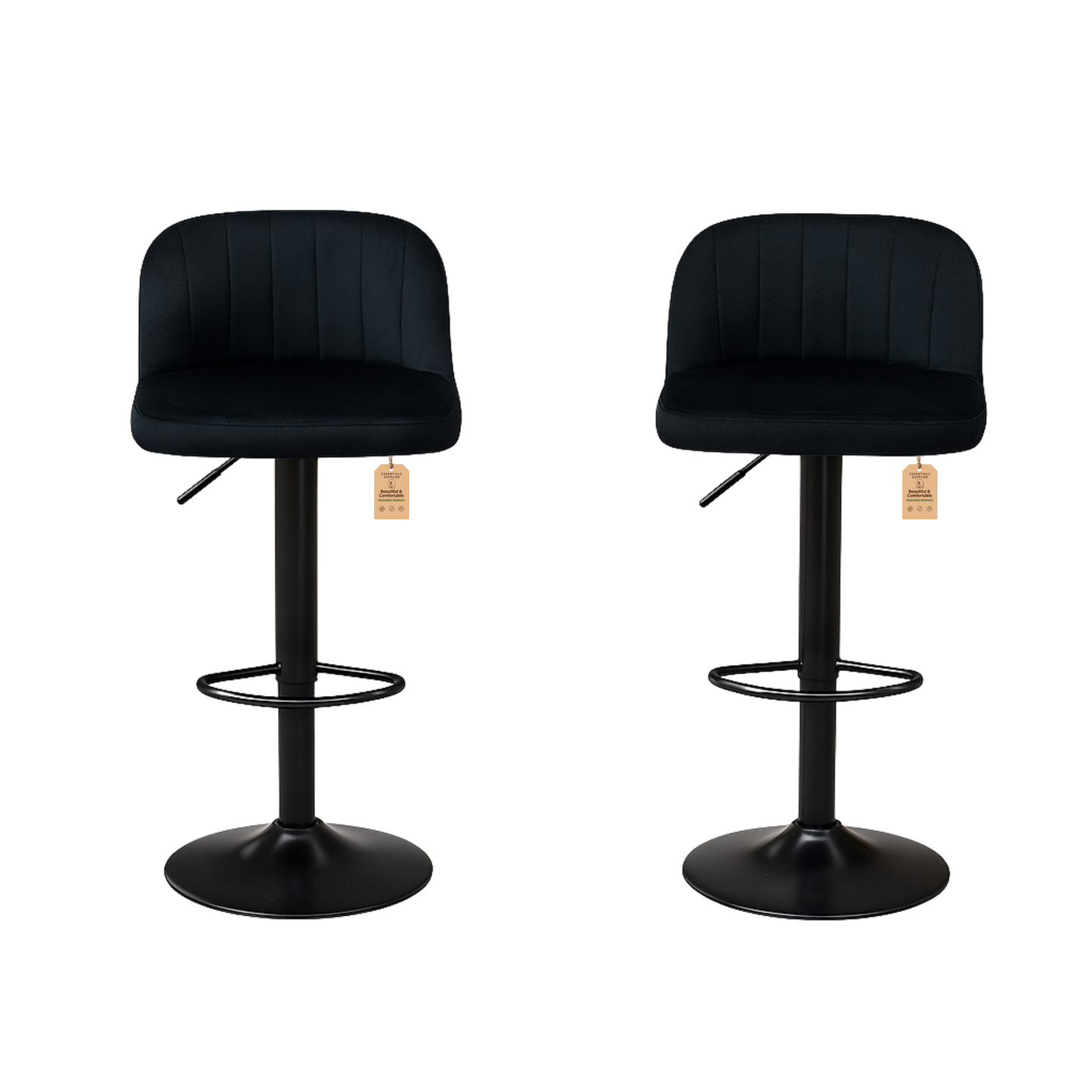 Set of 2 Black Velvet Adjustable Swivel Bar Stools with Footrest – Modern Counter Chairs