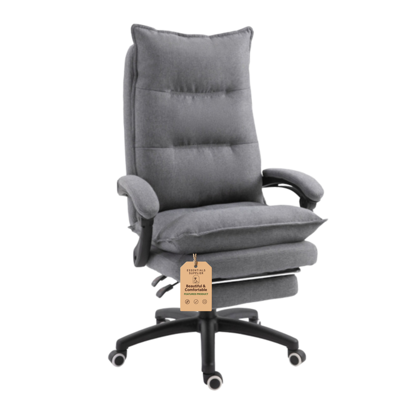 Grey High-Back Reclining Office Chair with Footrest & Linen-Style Upholstery