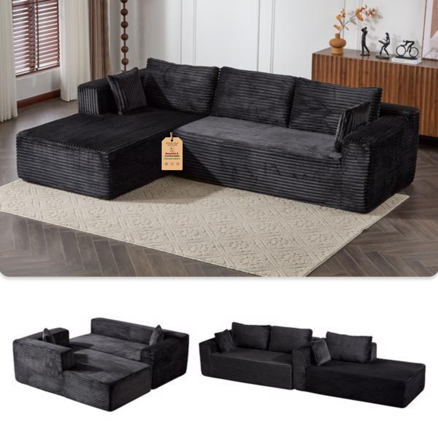 Modular L-Shaped Corduroy Sectional Sofa with Chaise – Black