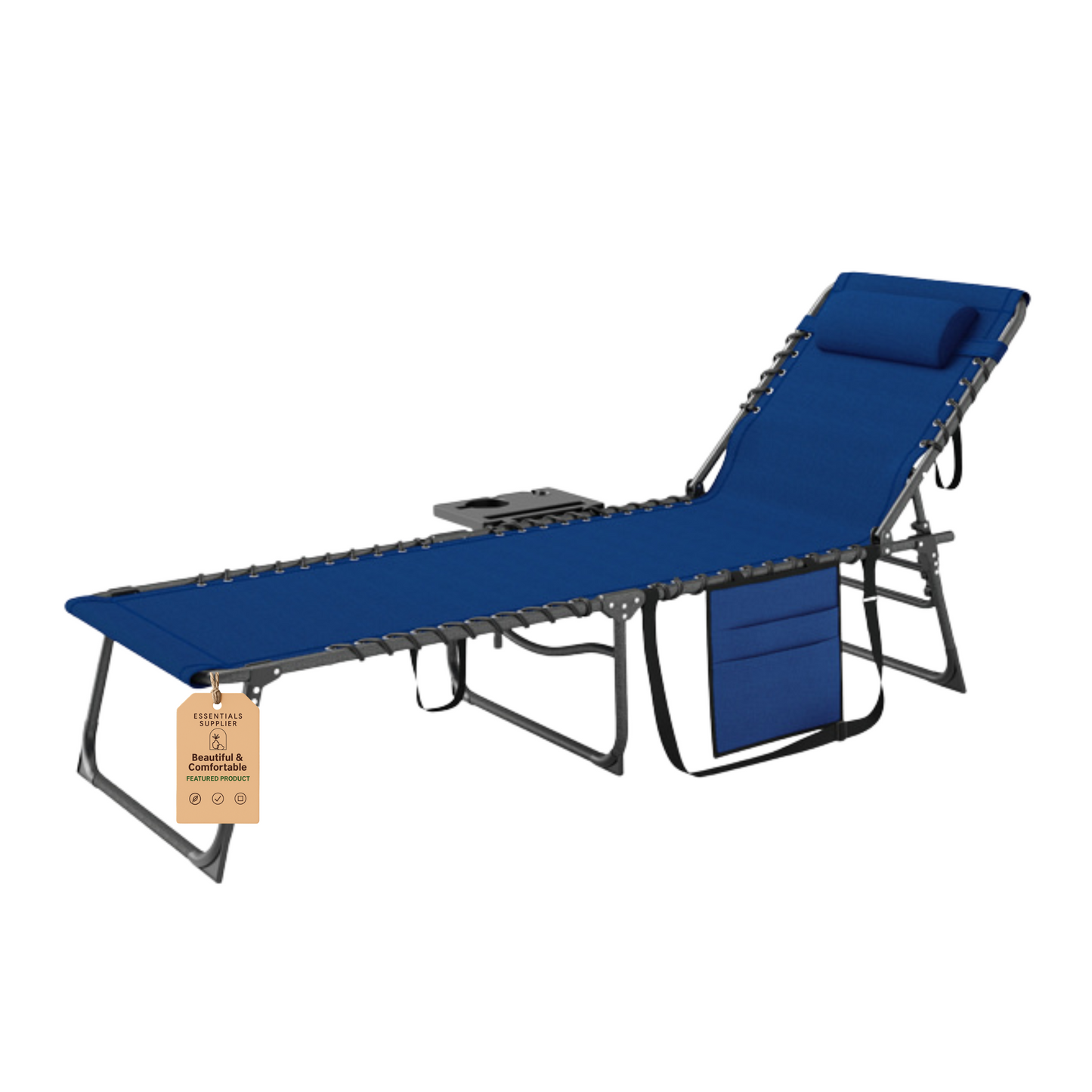 Dark Blue Reclining Foldable Lounge Chair with Pillow & Mesh Fabric
