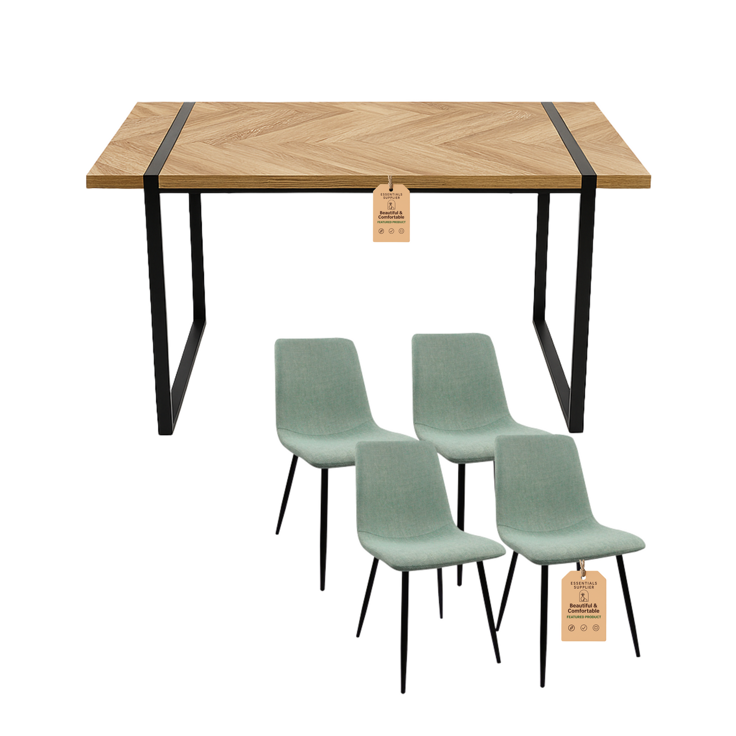 59" Light Wood Dining Table Set w/ 4 Suede Chairs – Modern & Cozy Style