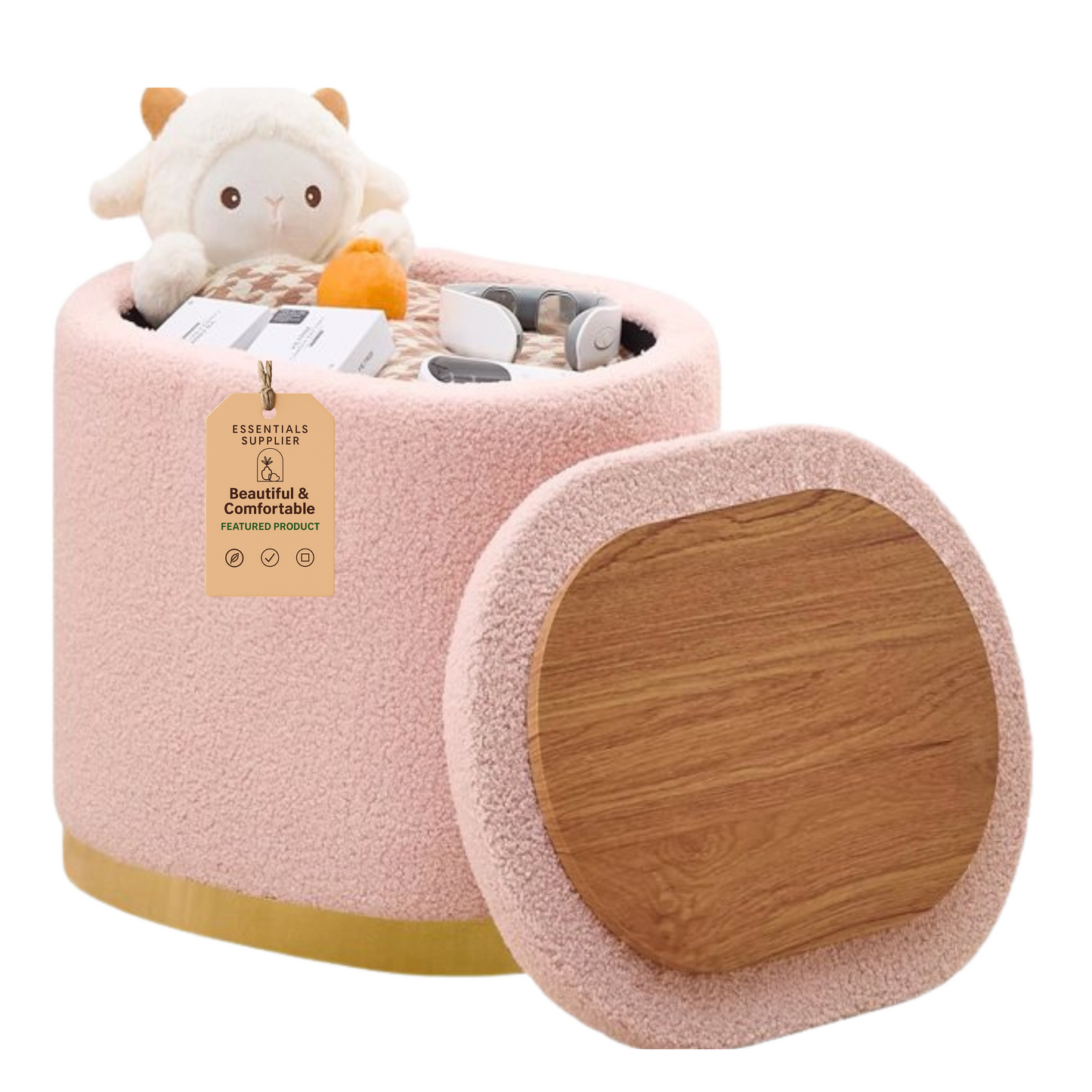 Round Storage Ottoman with Flip-Top Lid – Pink Upholstered Stool