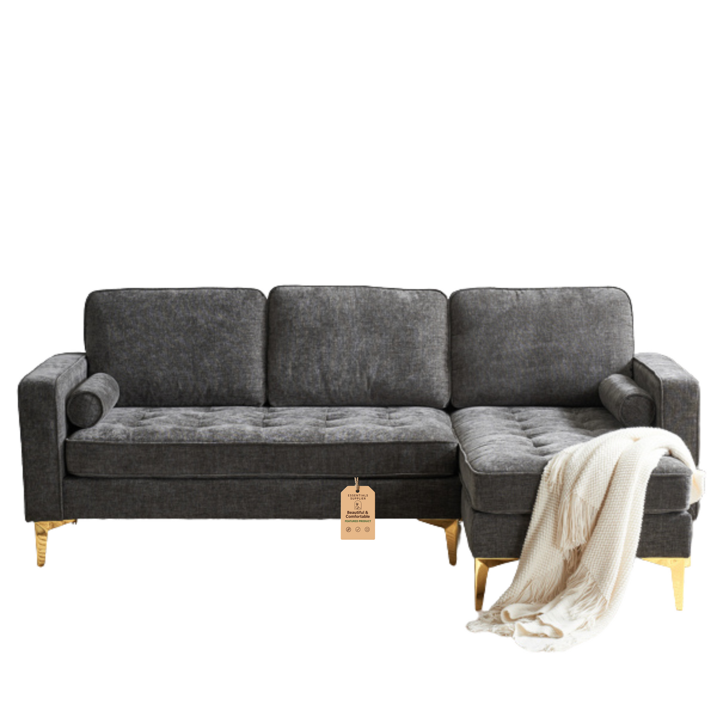 3-Seater Chenille Modular Sofa with Footstool, Gold Legs – Dark Gray
