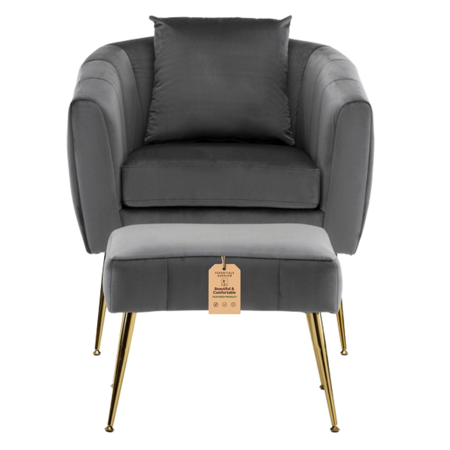 Velvet Barrel Chair with Ottoman & Lumbar Pillow – Gray Accent Set
