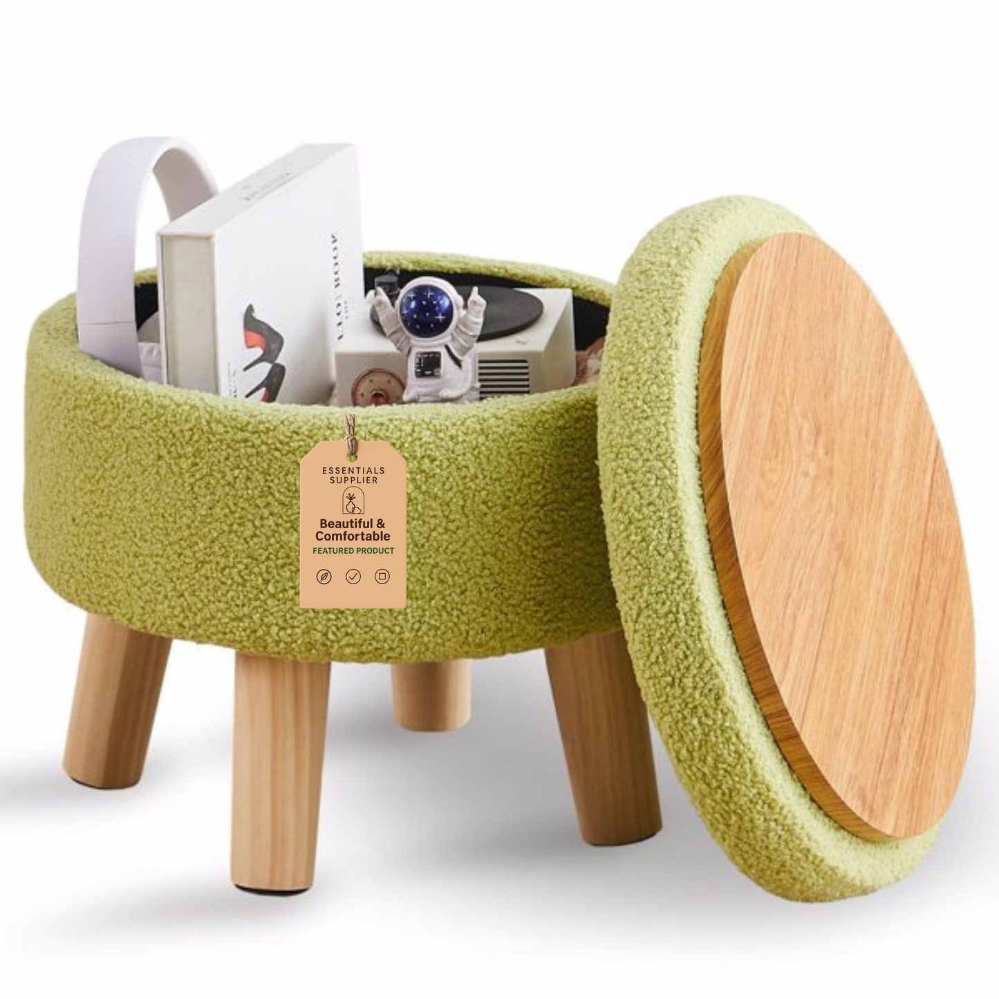 Round Storage Ottoman, Teddy Velvet Footrest with Wood Legs for Living Room, Green