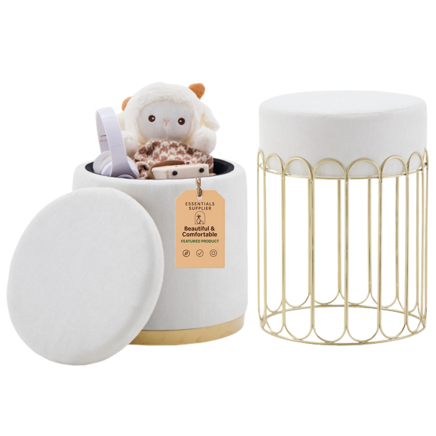 Set of 2 Round Velvet Storage Ottomans with Removable Lids – White