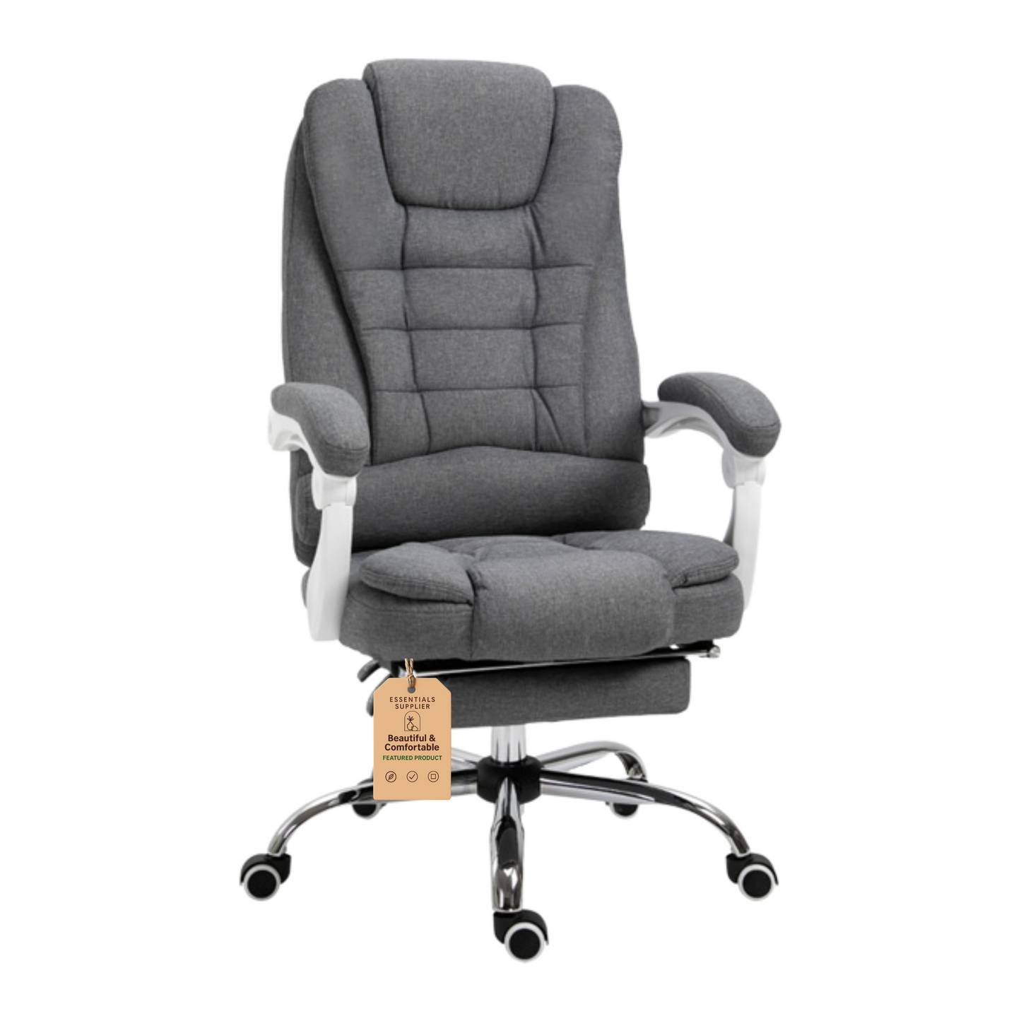 Pebble Grey High-Back Reclining Office Chair with Footrest & Linen Upholstery