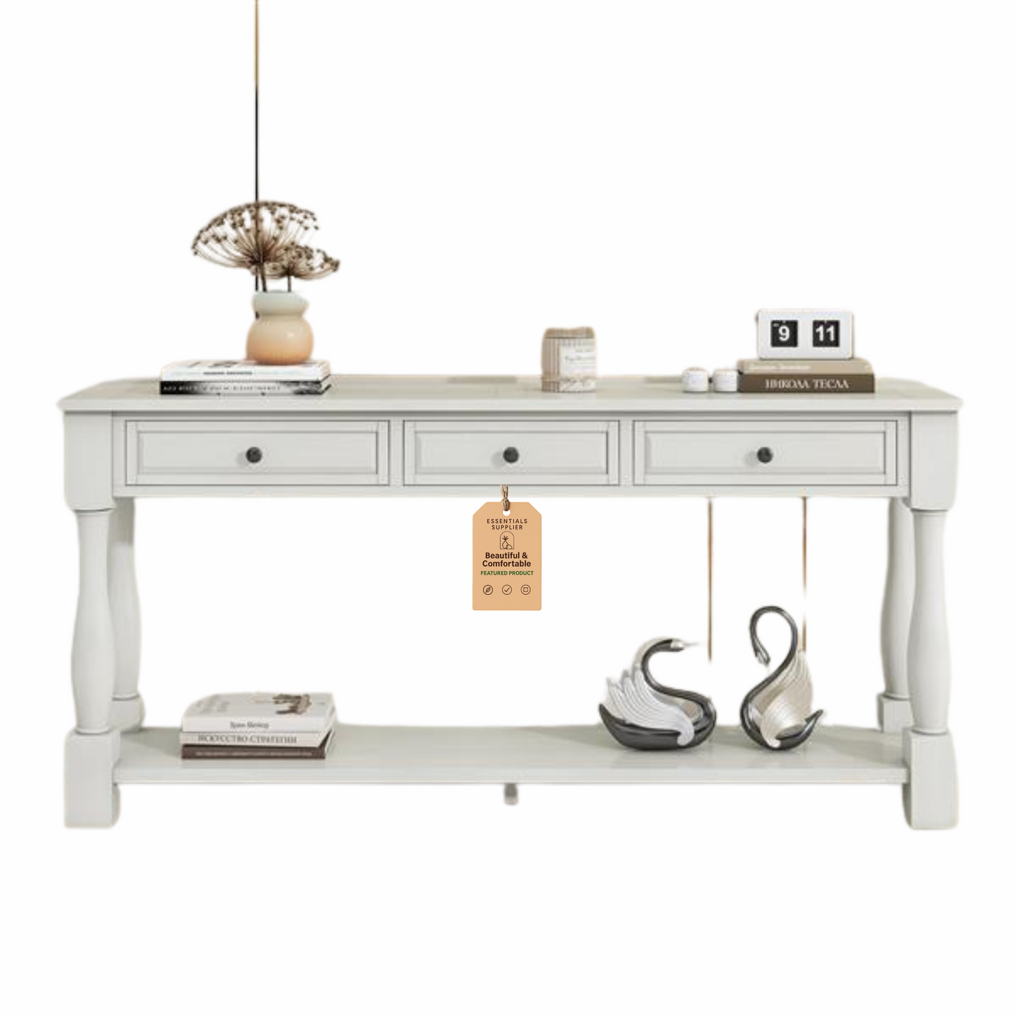 63" White Console Table with Drawers & Shelf for Entryway, Hallway, Living Room