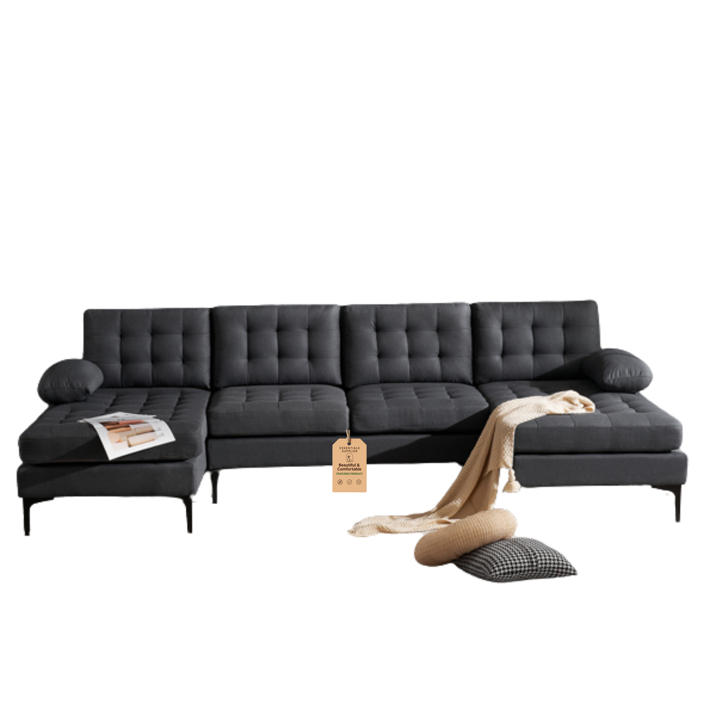 U-Shaped Sectional Sofa – Dark Gray Upholstery, Wooden & Iron Frame with Black L