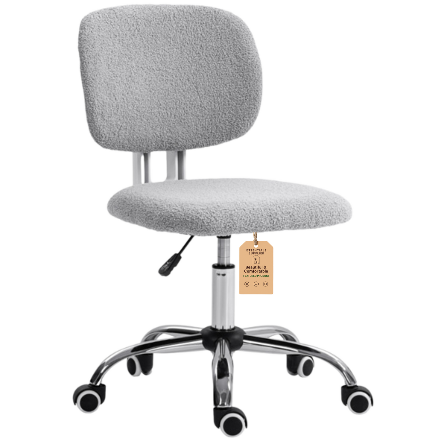 Light Gray Plush Office Chair with Adjustable Height & Soft Curved Backrest