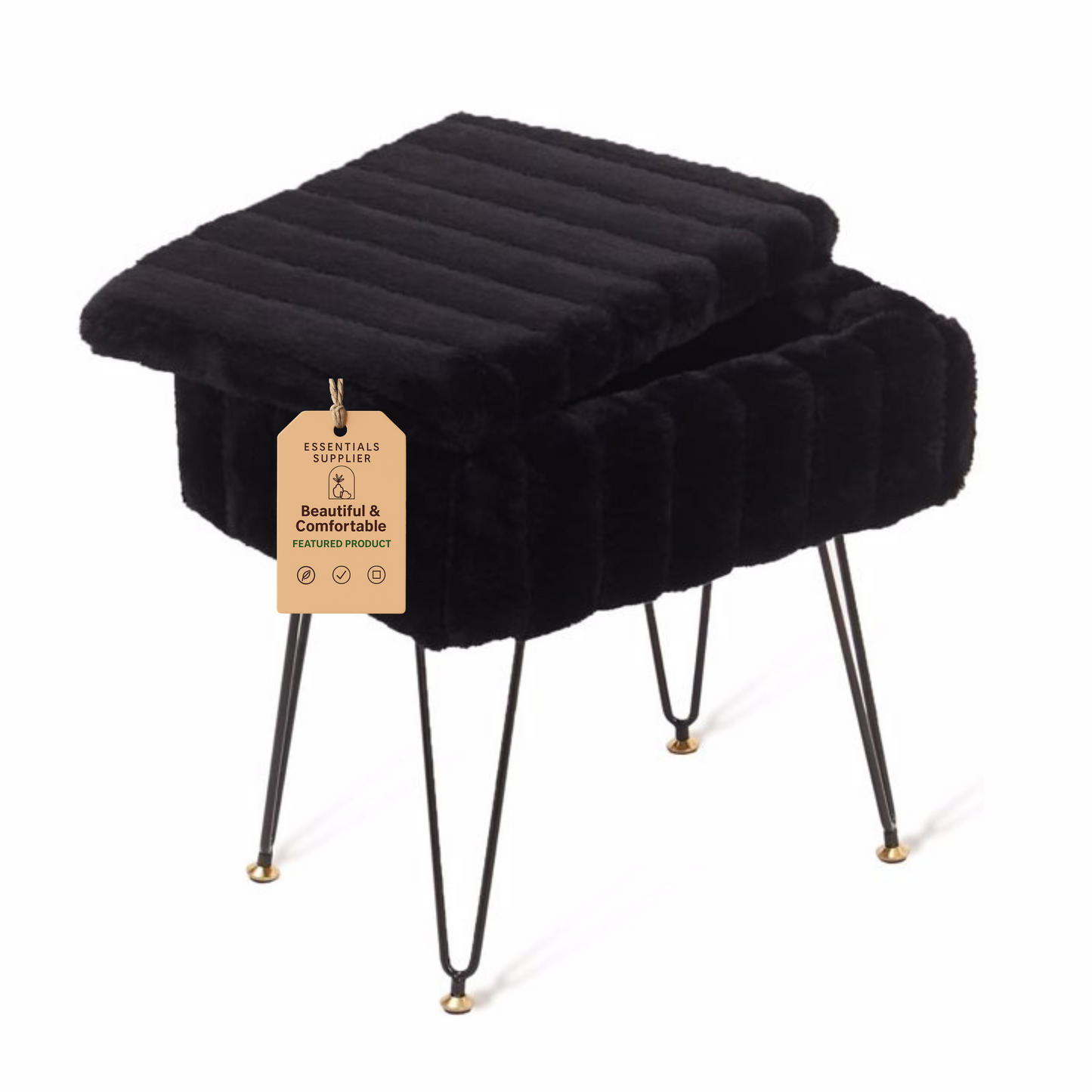 Faux Fur Ottoman with Storage – Vanity Stool & Footrest for Bedroom, Black