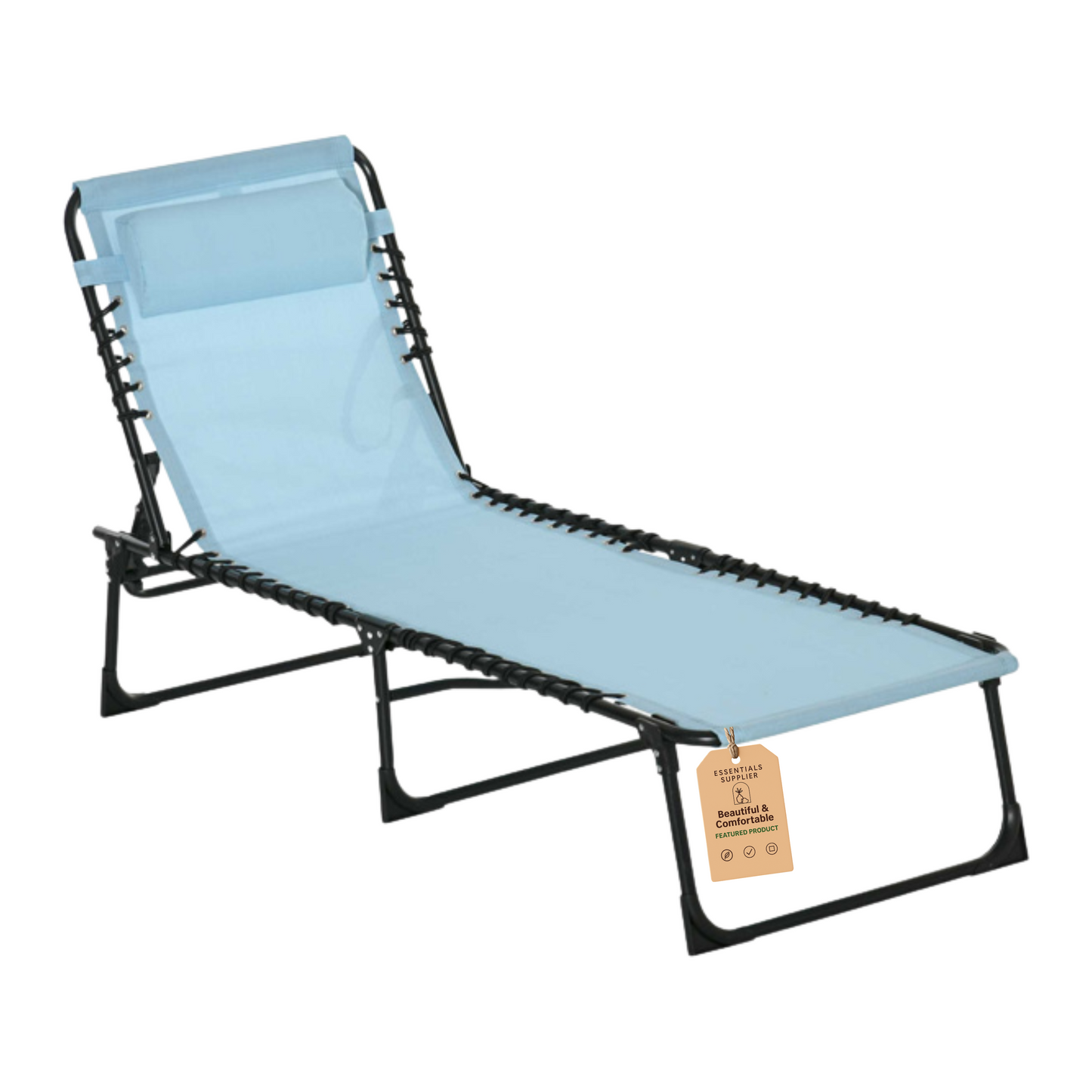 Blue Reclining Foldable Lounge Chair with Pillow & Mesh Fabric