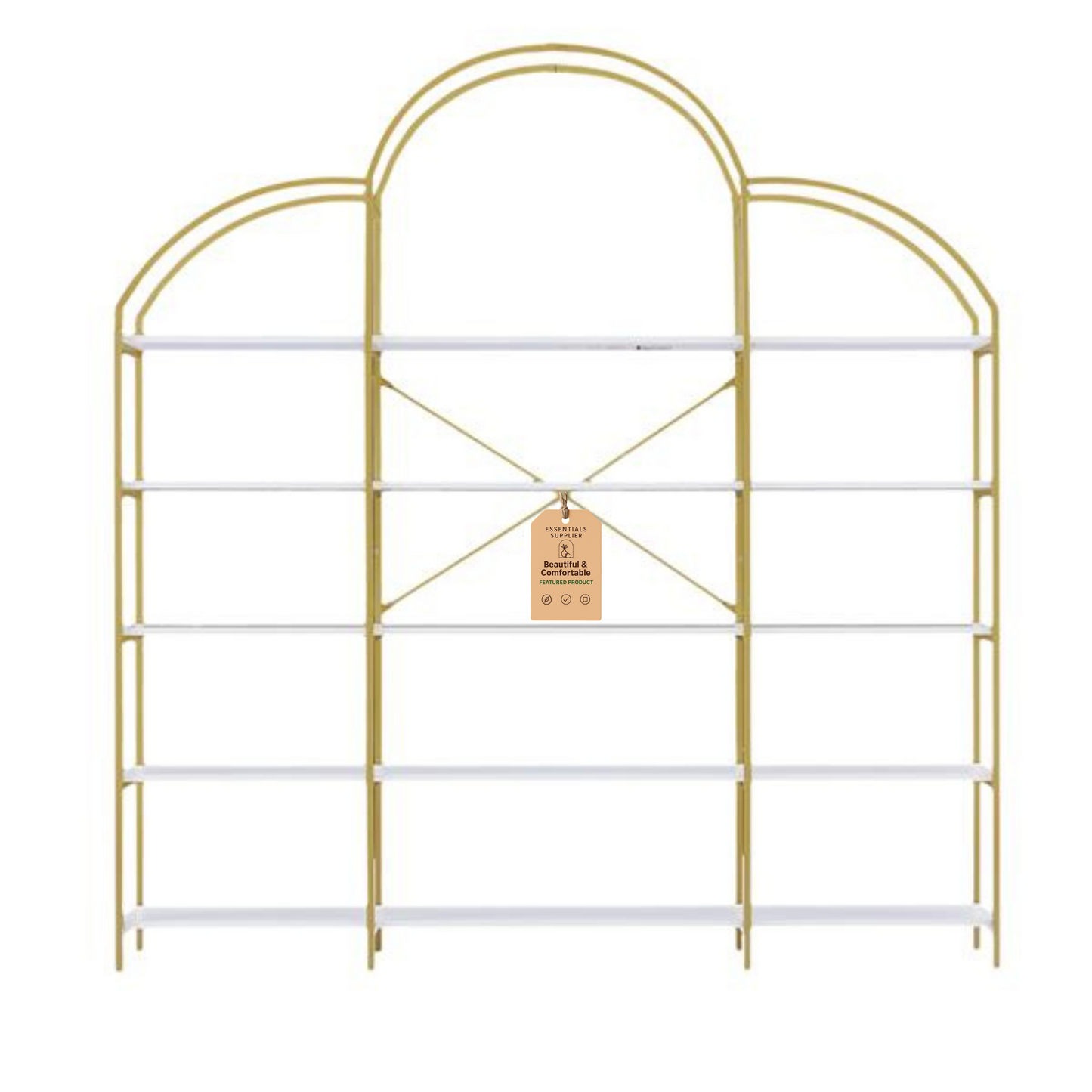 74.8" 5-Tier Bookshelf with Round Top, Gold Frame & X-Bar, Office Display Shelf