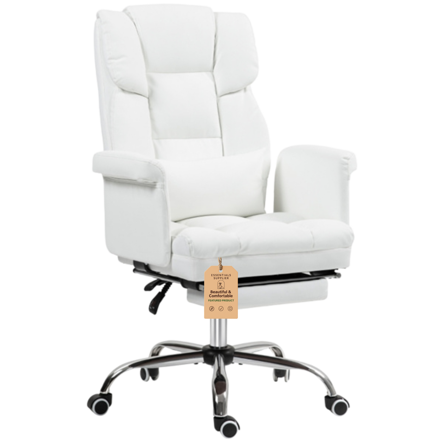 White Massage Office Chair with Reclining Back, Footrest & PU Leather Finish