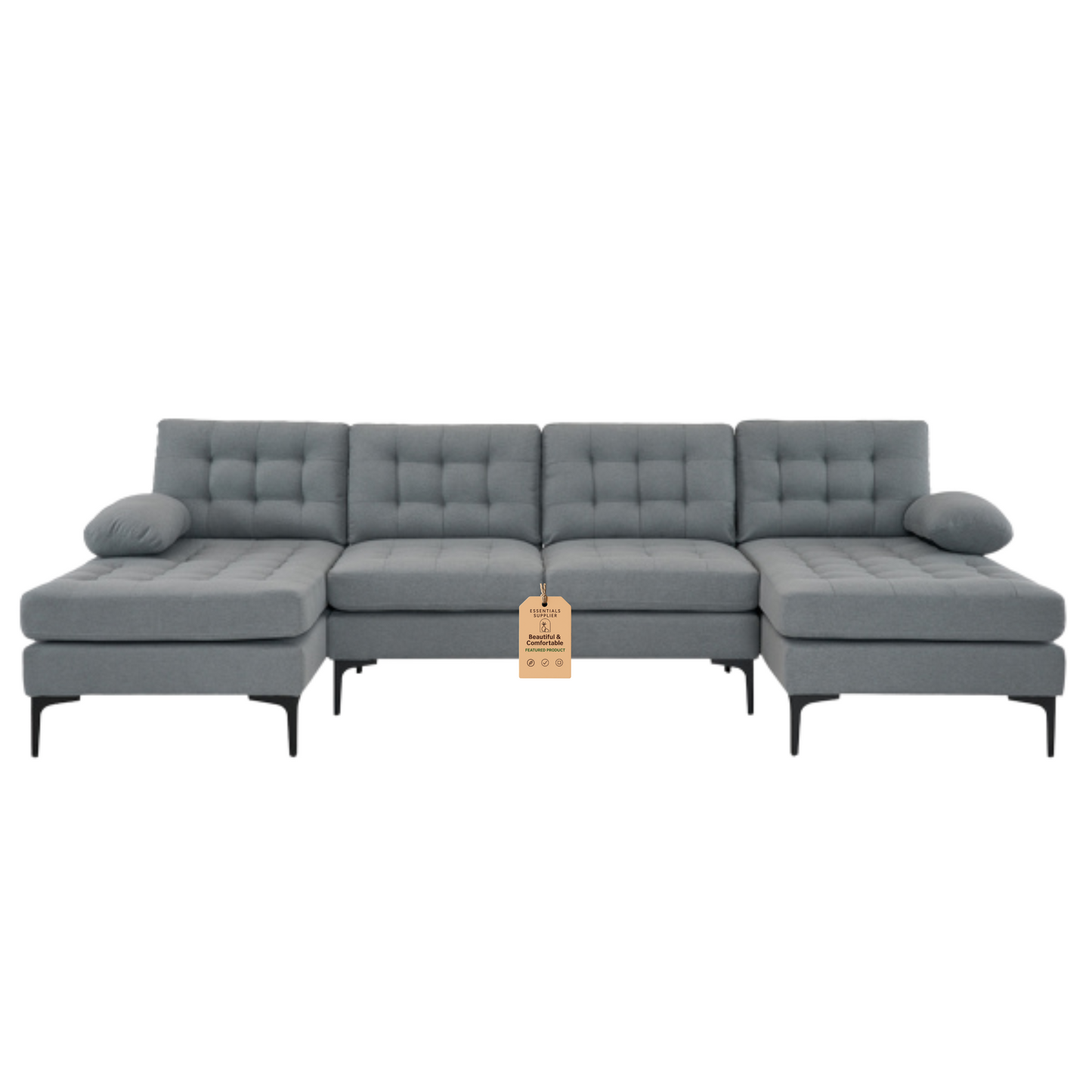 U-Shaped Sectional Sofa – Soft Armrest & Backrest, Wooden & Iron Frame with Gold Legs, Beige Upholstery