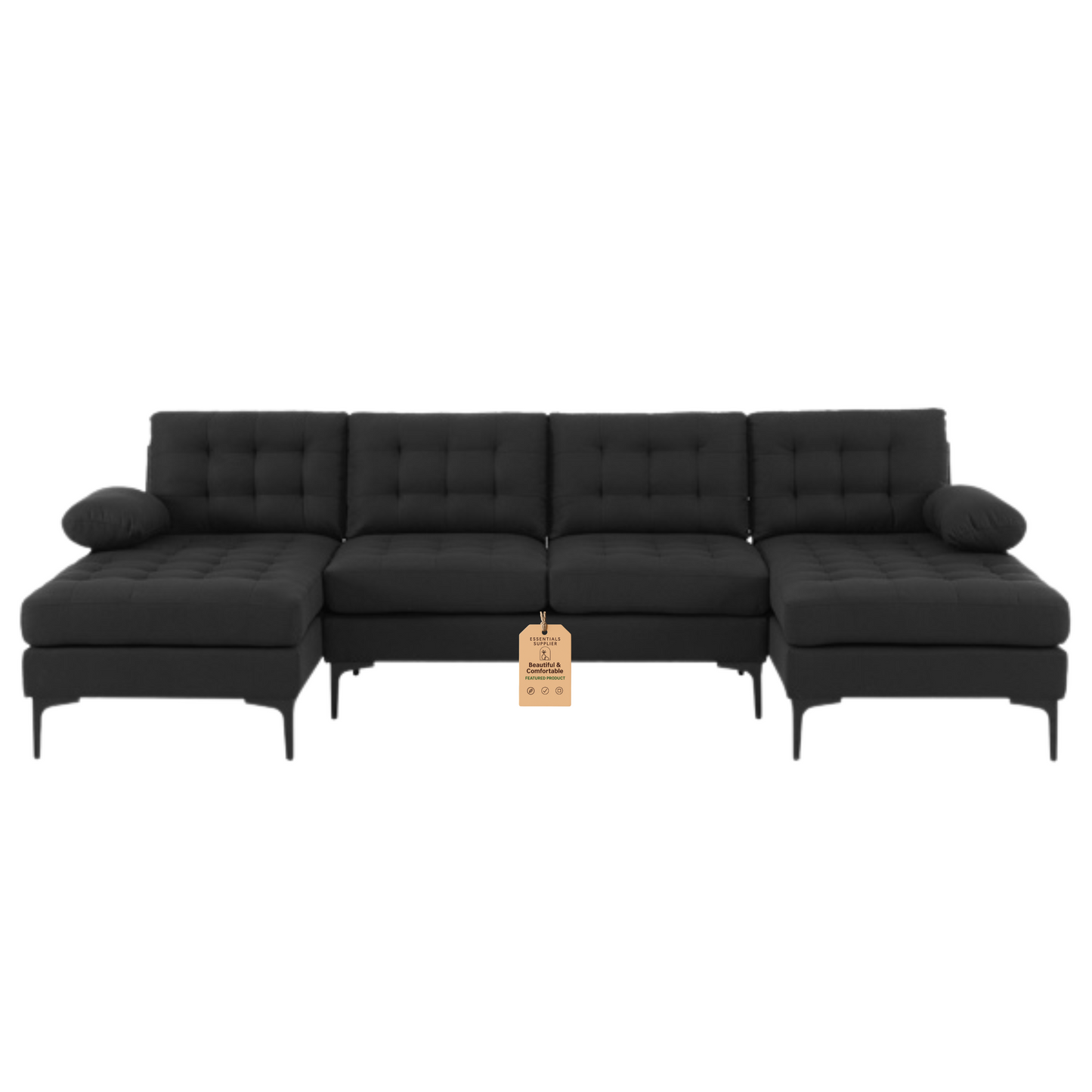 U-Shaped Sectional Sofa – Black Upholstery, Wooden & Iron Frame with Black L